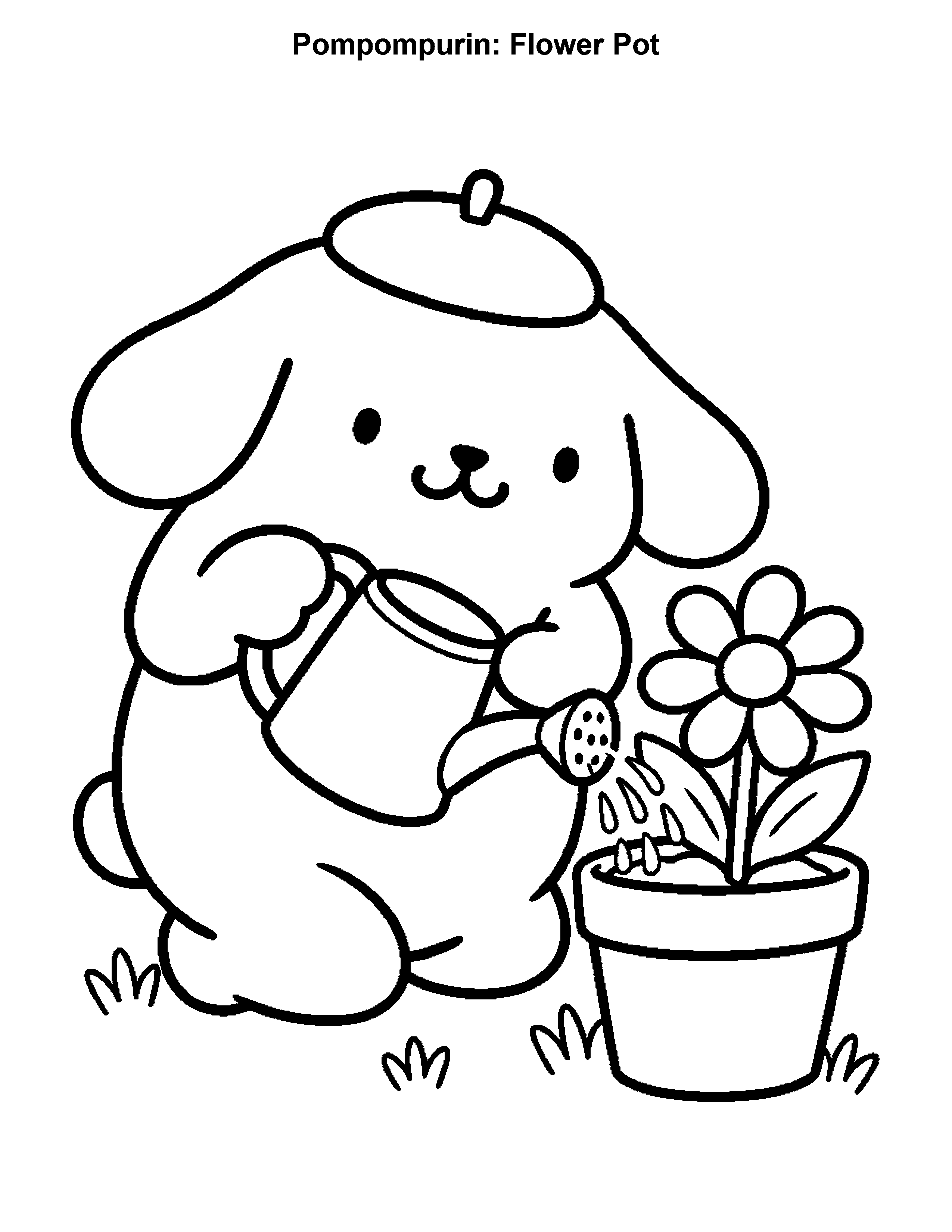 Pompompurin Flower Pot, black-and-white printable coloring page