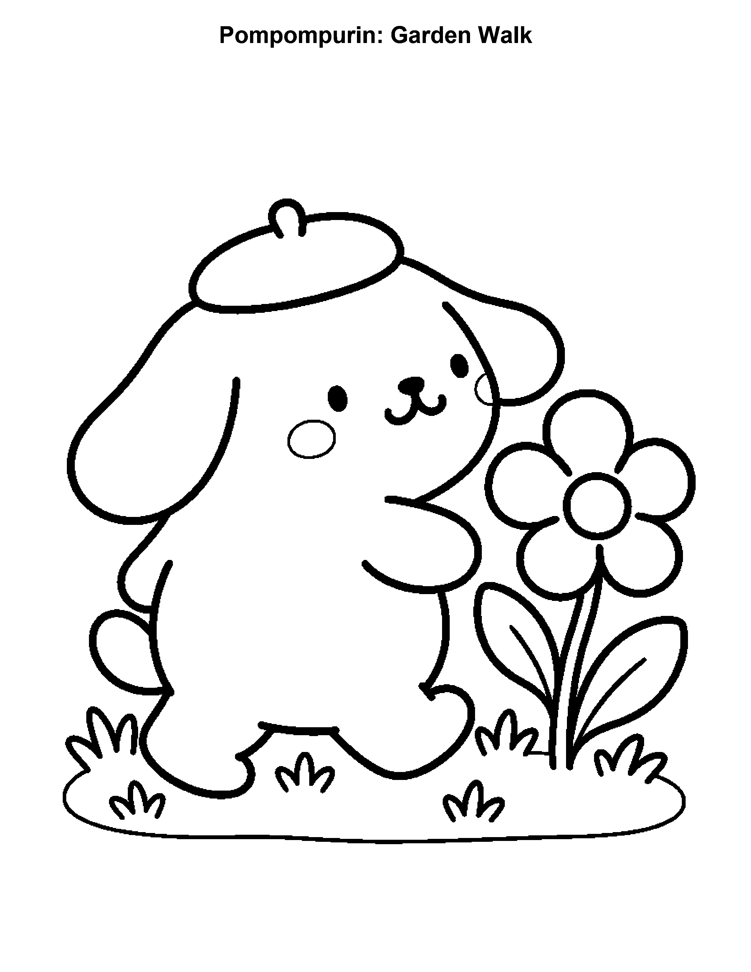 Pompompurin Garden Walk, black-and-white printable coloring page