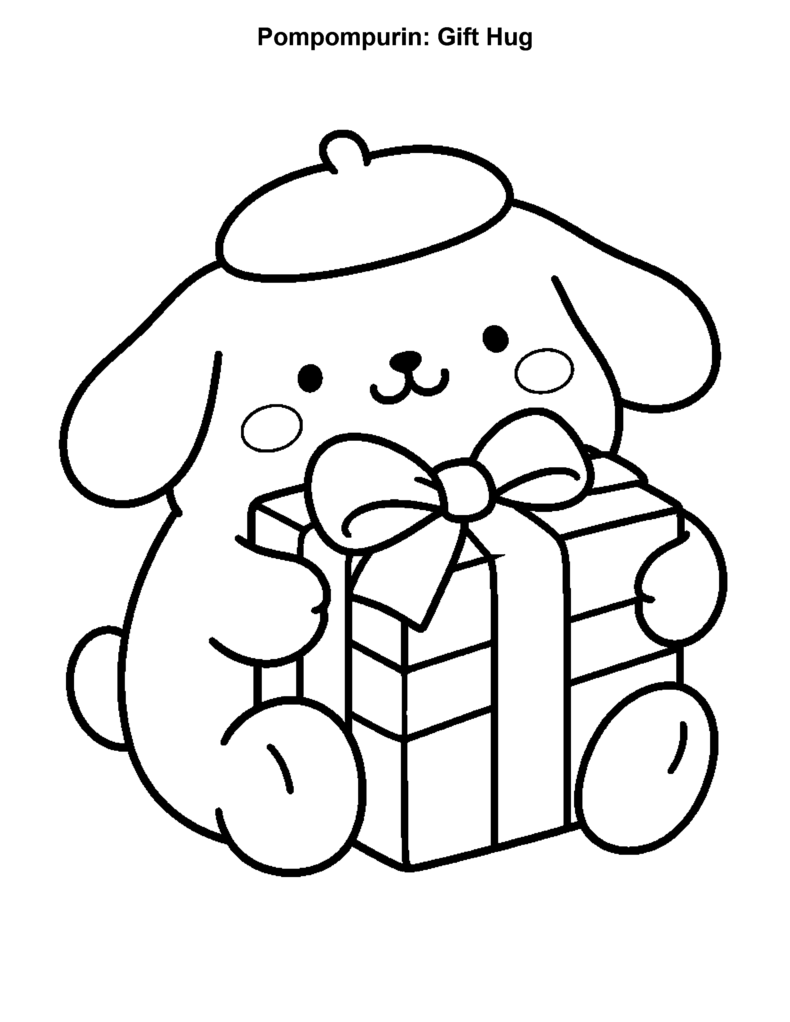 Pompompurin Gift Hug, black-and-white printable coloring page
