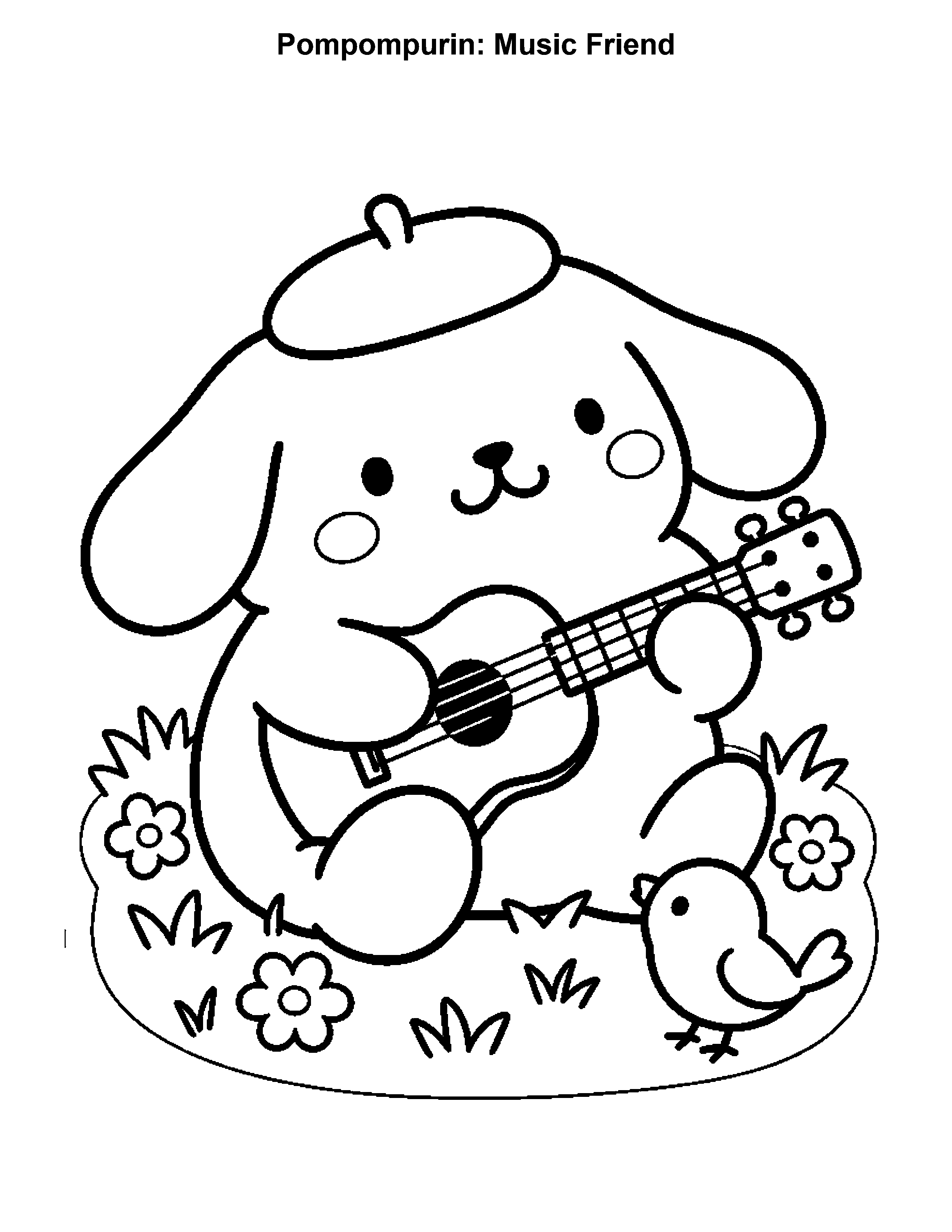 Pompompurin Music Friend, black-and-white printable coloring page