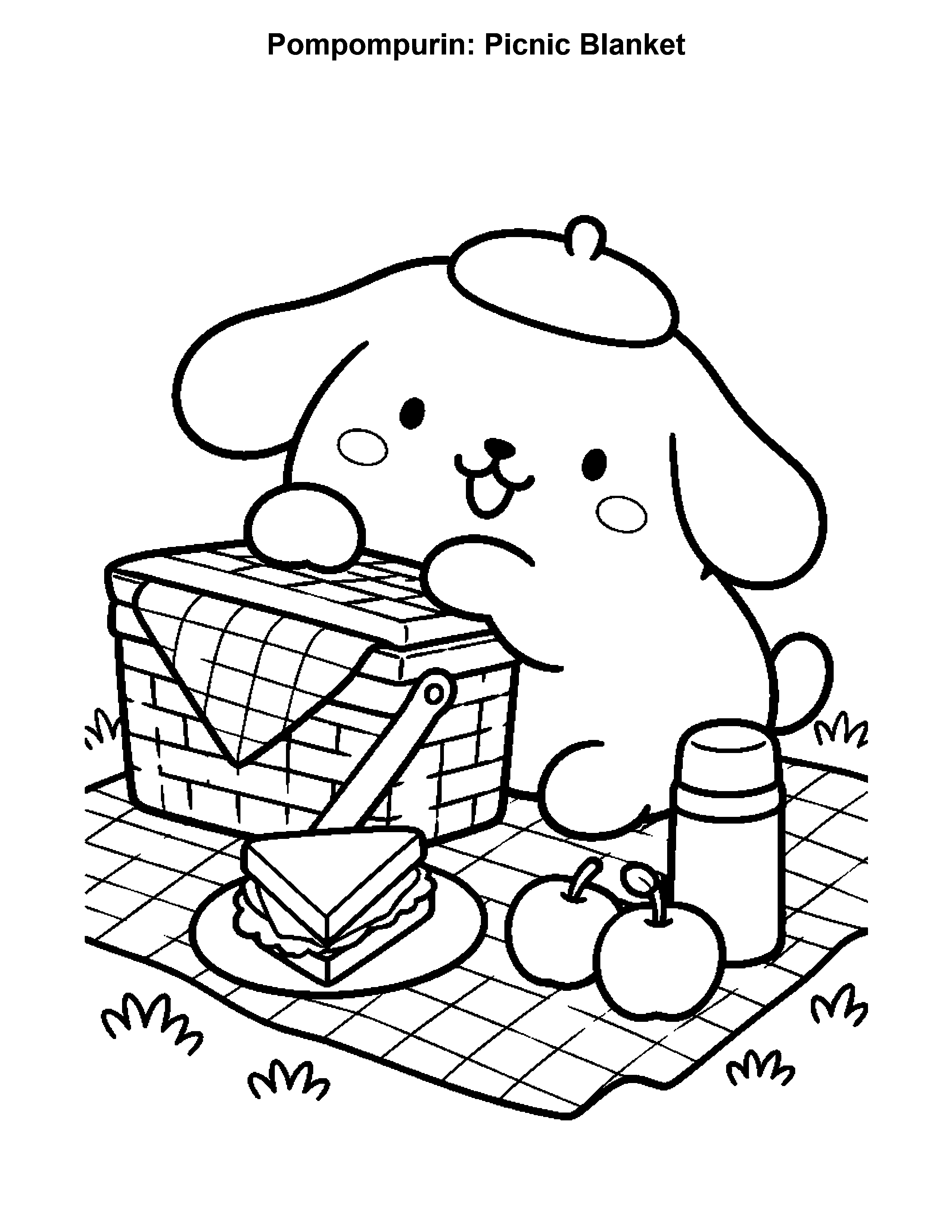 Pompompurin Picnic Blanket, black-and-white printable coloring page
