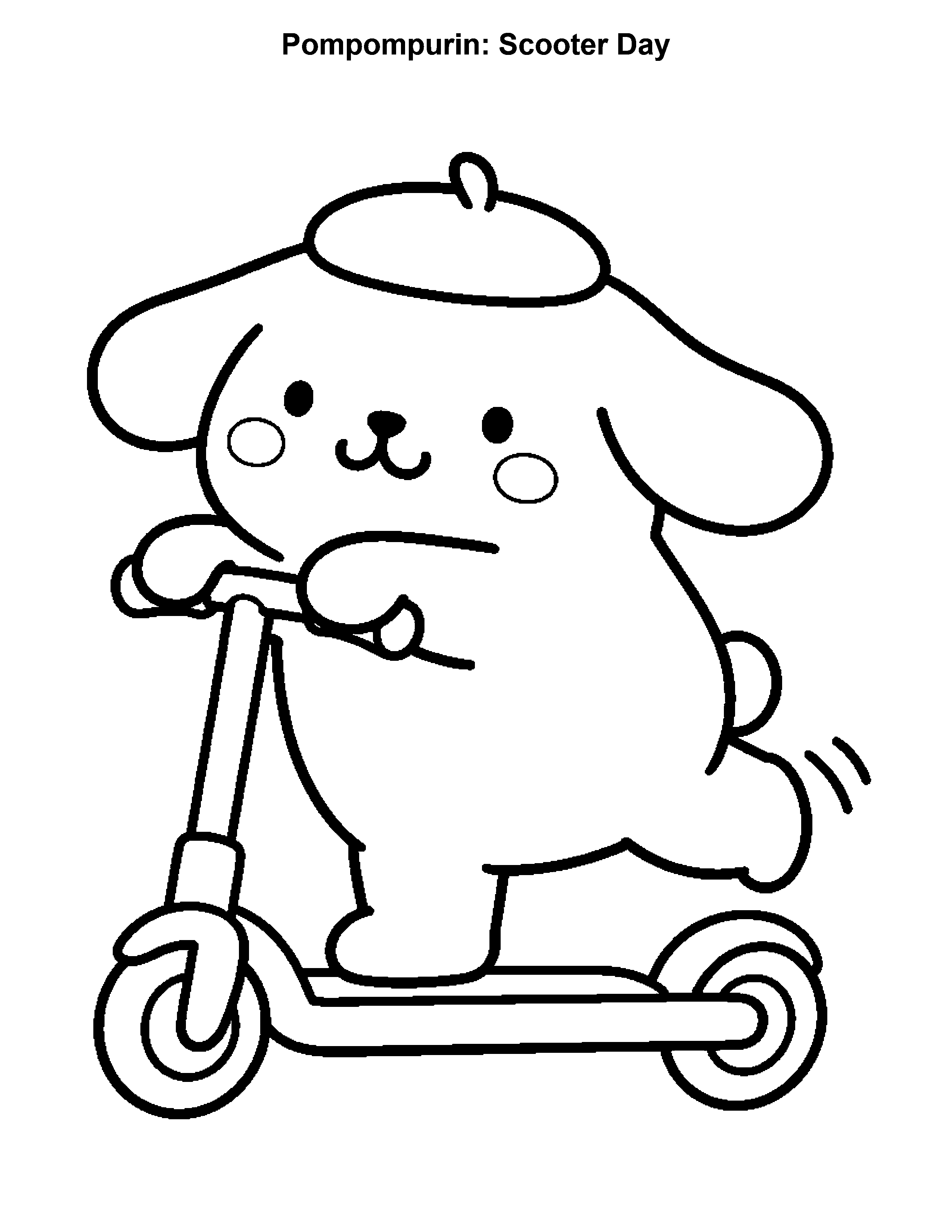 Pompompurin Scooter Day, black-and-white printable coloring page