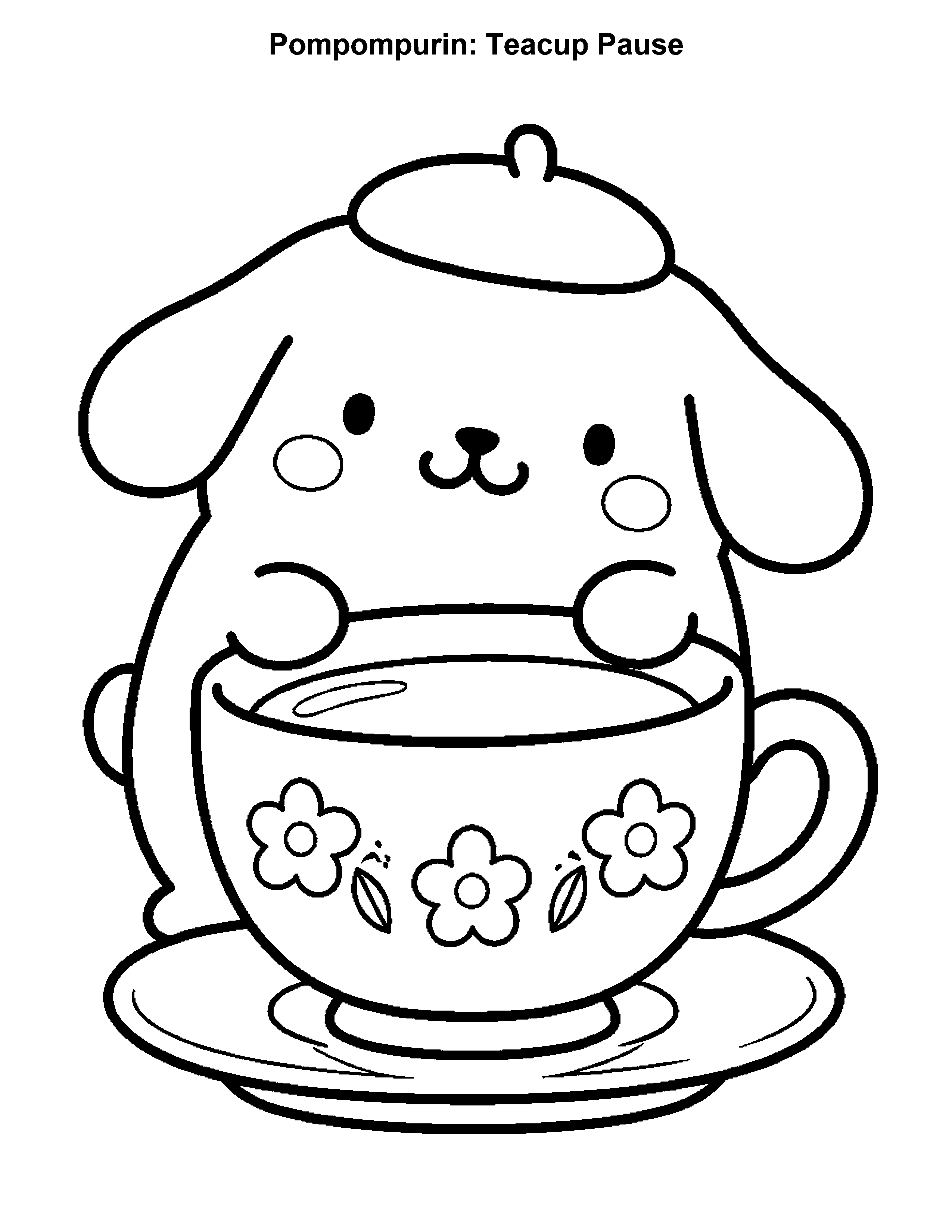 Pompompurin Teacup Pause, black-and-white printable coloring page