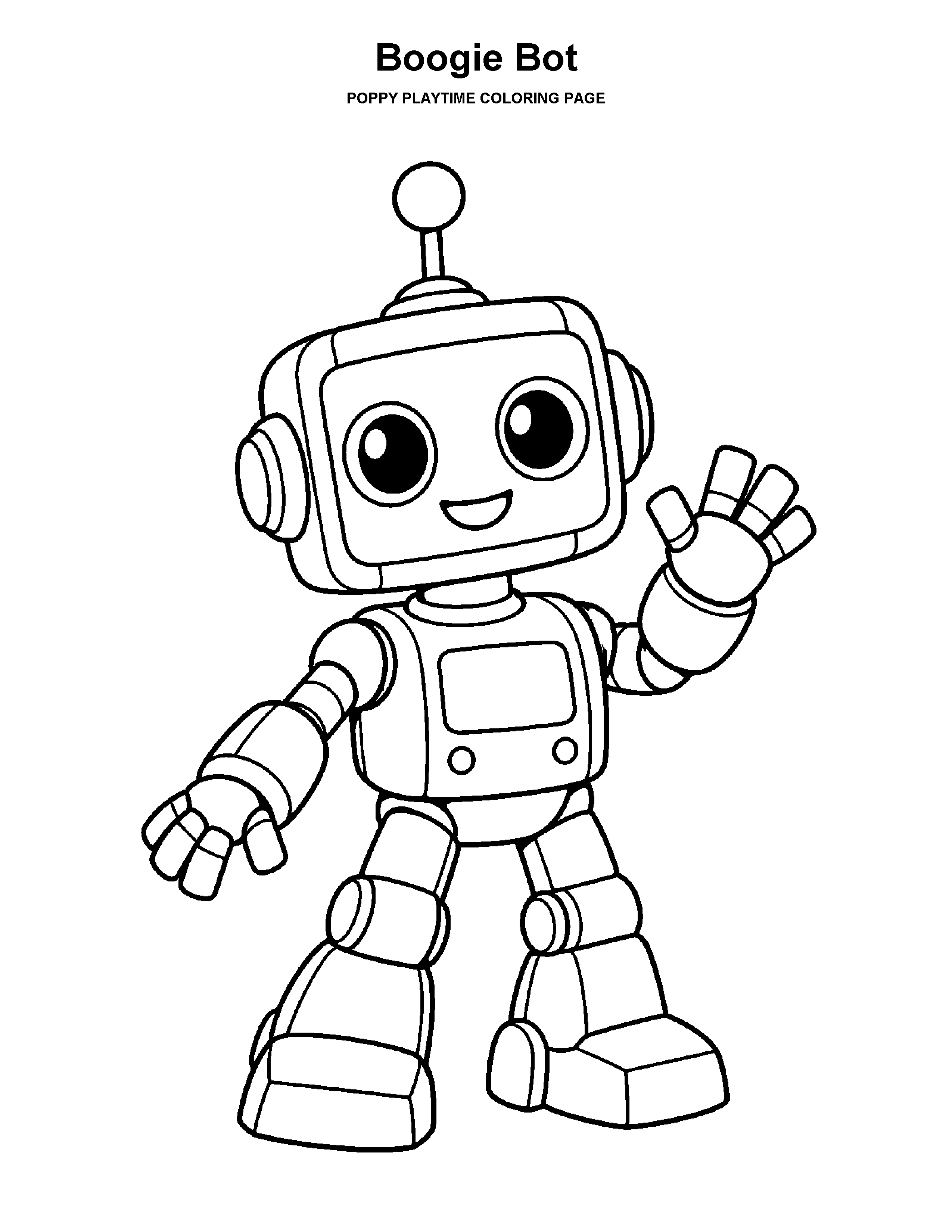 Boogie Bot coloring page: A cheerful robot with large, simple body panels.