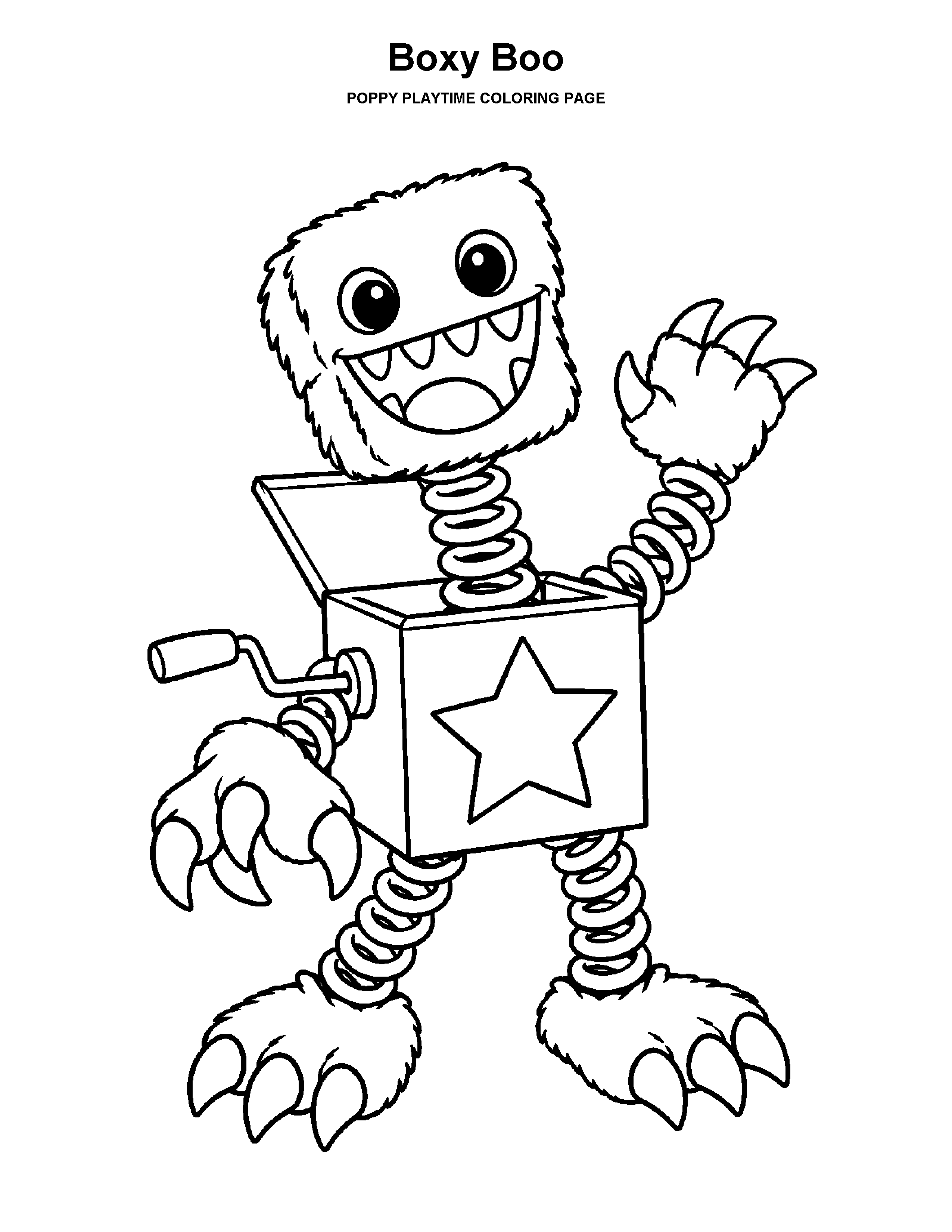 Boxy Boo coloring page: A toy box character with a big spring and broad panels.
