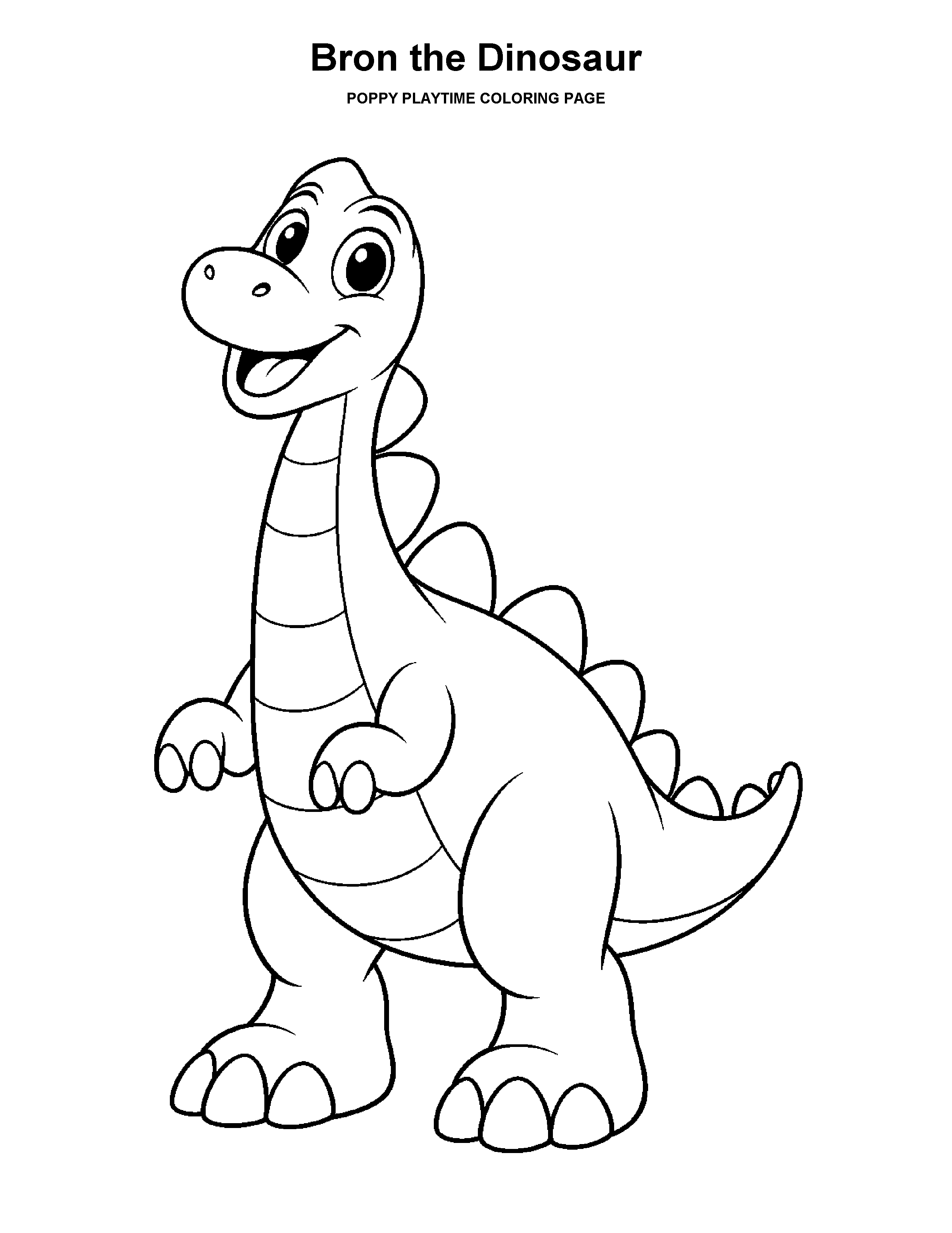 Bron the Dinosaur coloring page: A friendly dinosaur with a broad body and simple spots.