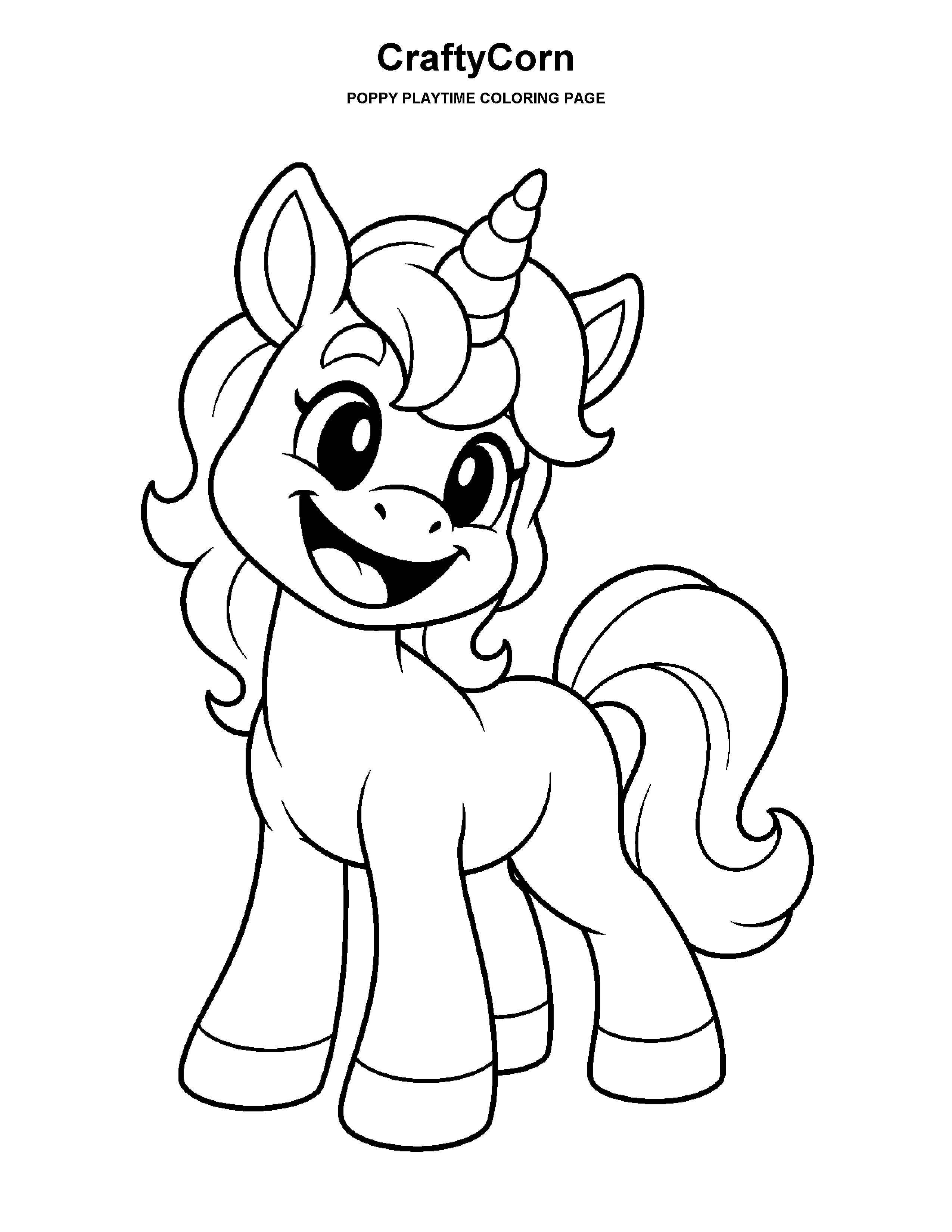 CraftyCorn coloring page: A smiling unicorn character with a simple mane and horn.