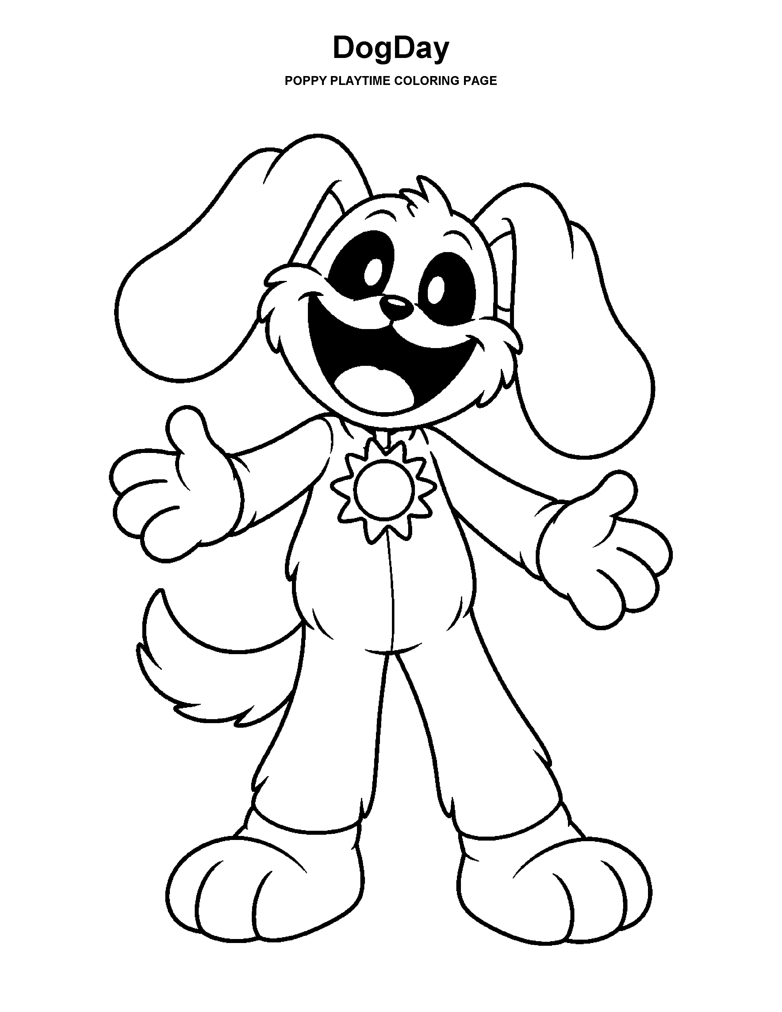 DogDay coloring page: A cheerful sun-themed character with a collar and simple outfit.