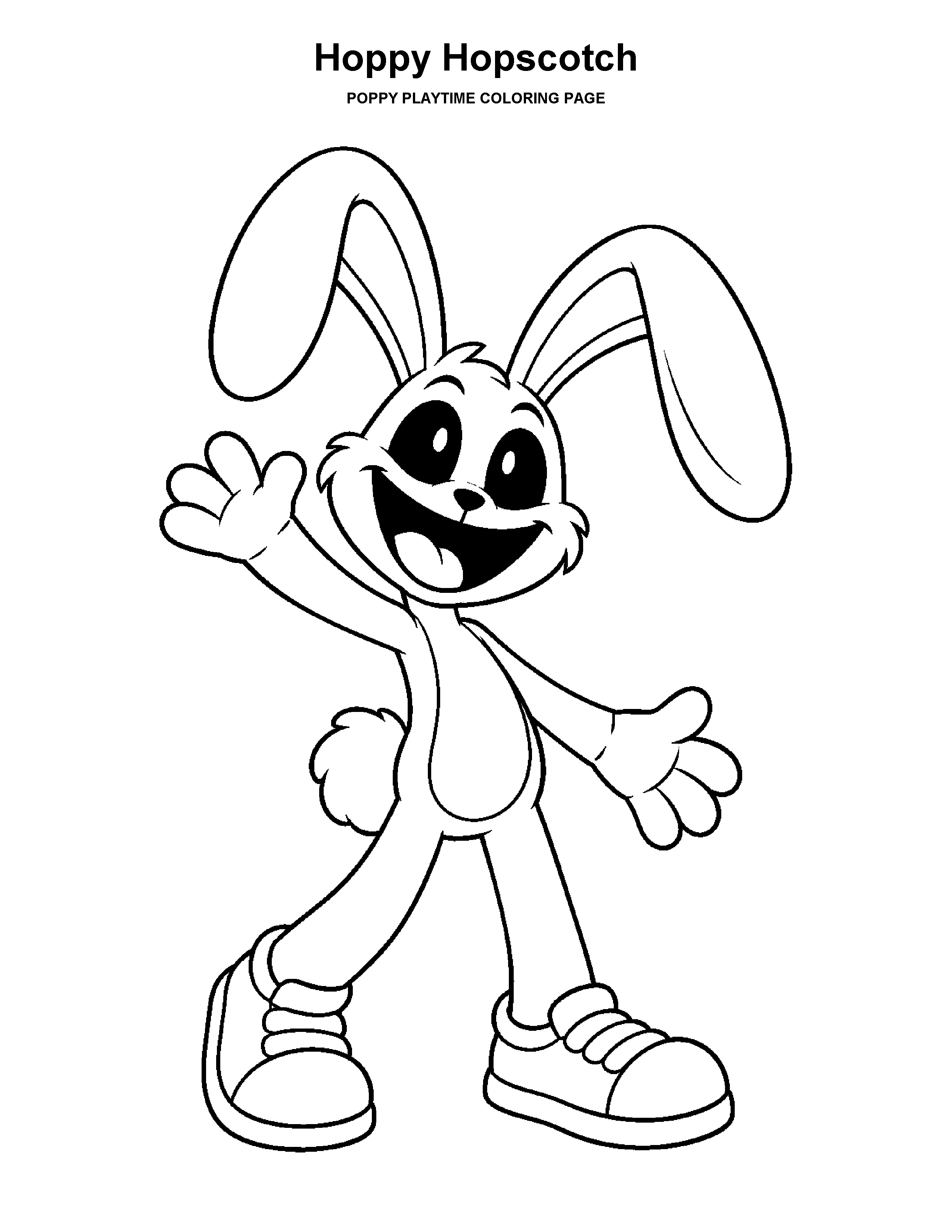 Hoppy Hopscotch coloring page: A cheerful frog-like character with long ears and simple markings.
