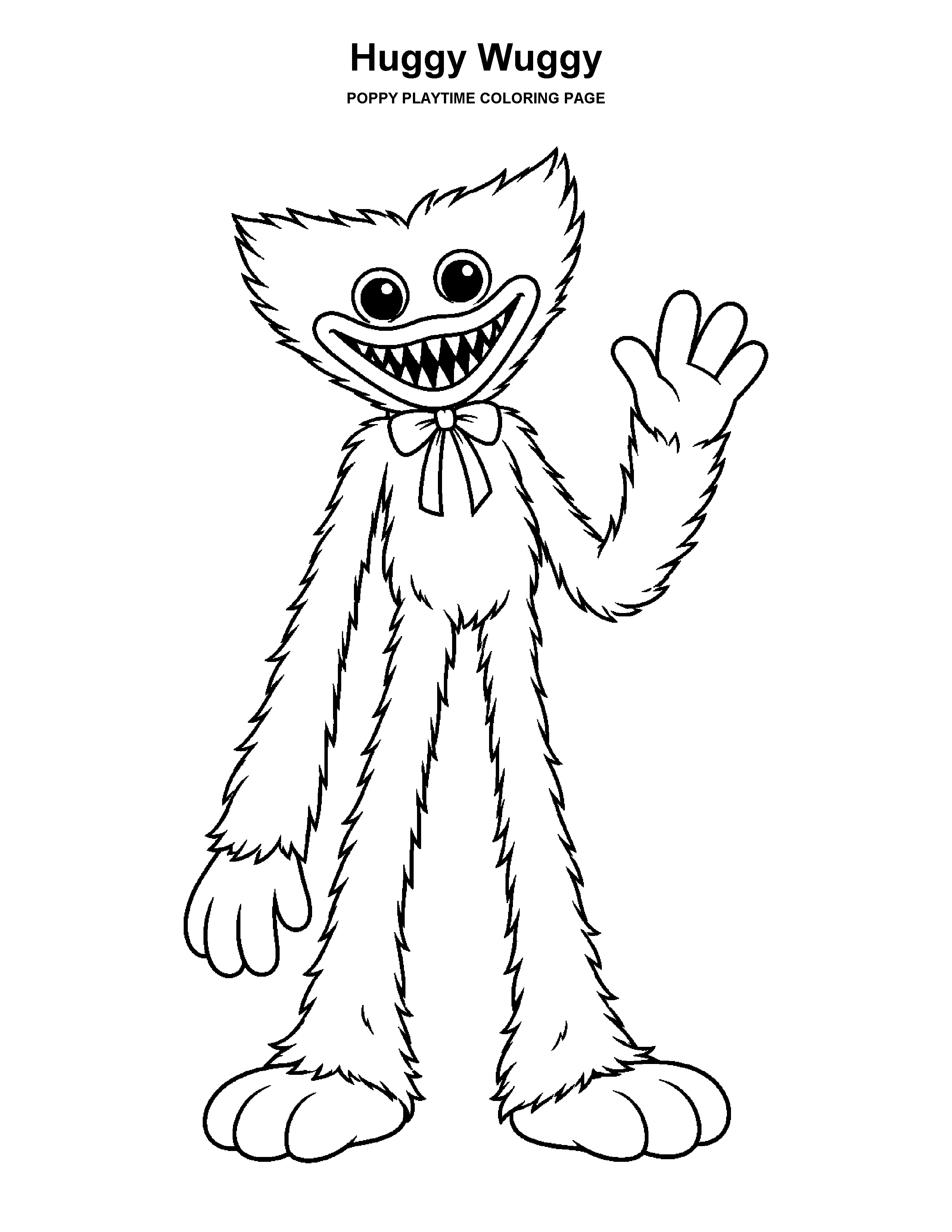 Huggy Wuggy coloring page: A playful standing pose with the character’s signature bow tie.