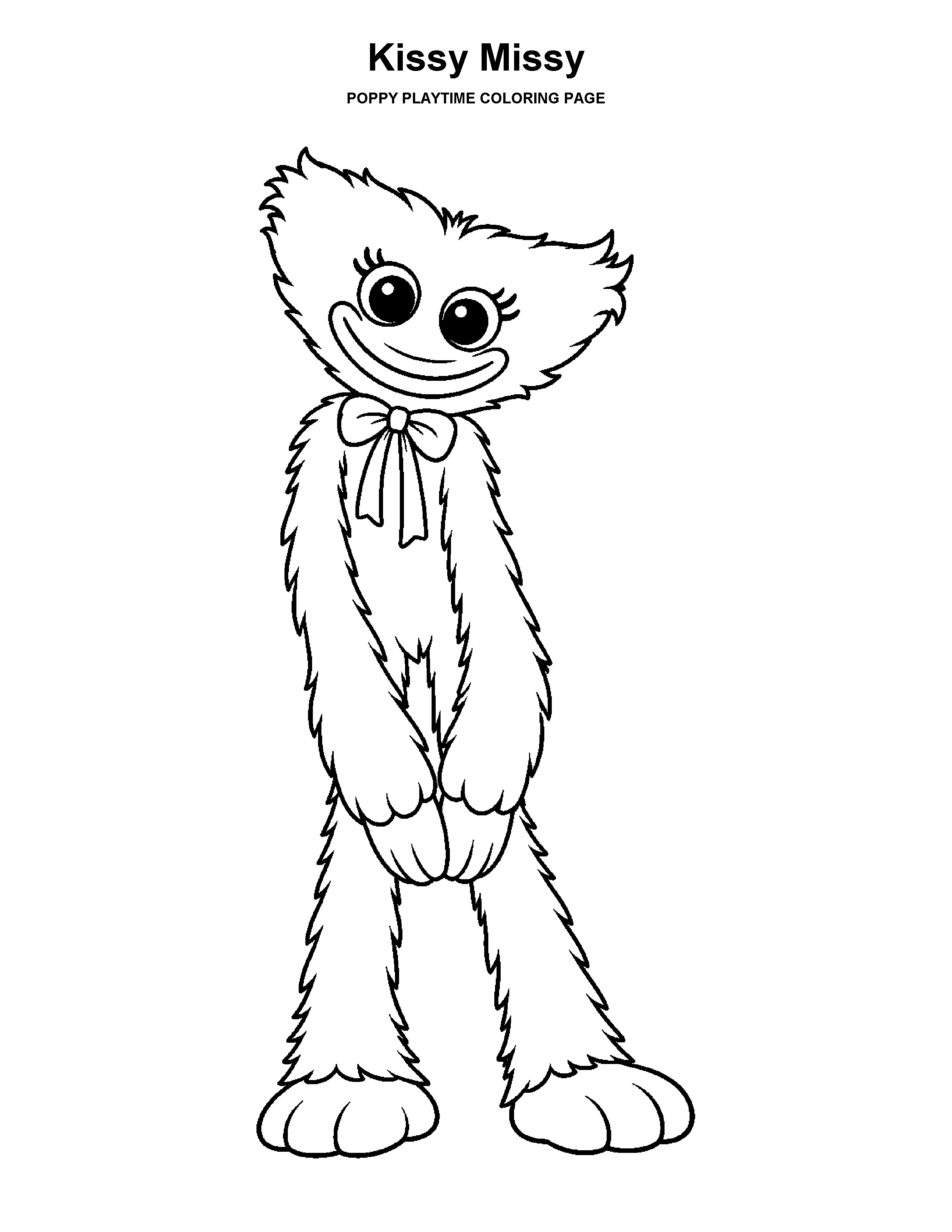 Kissy Missy coloring page: A friendly full-body pose with long arms and a bow.