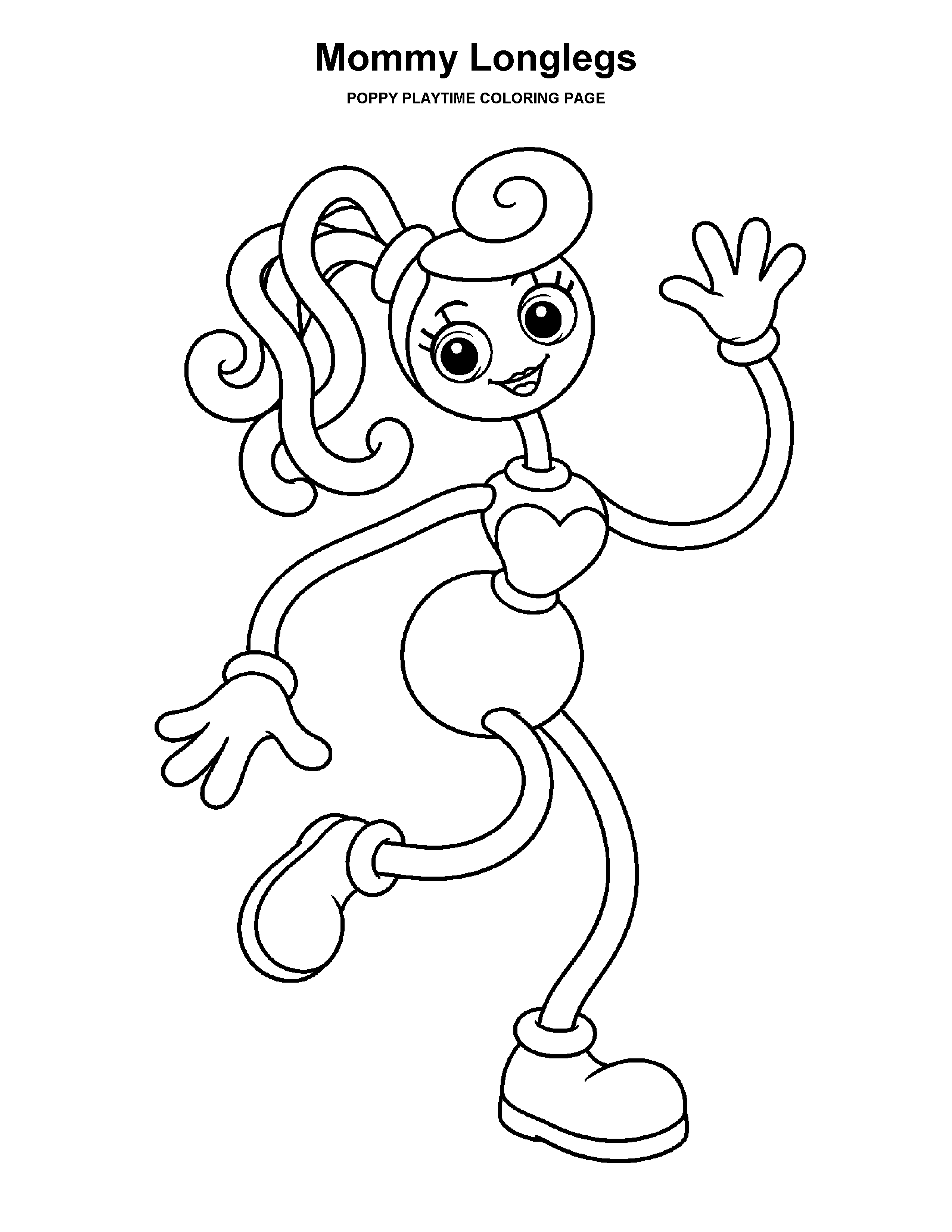 Mommy Longlegs coloring page: A friendly long-limbed character with a bow and simple features.