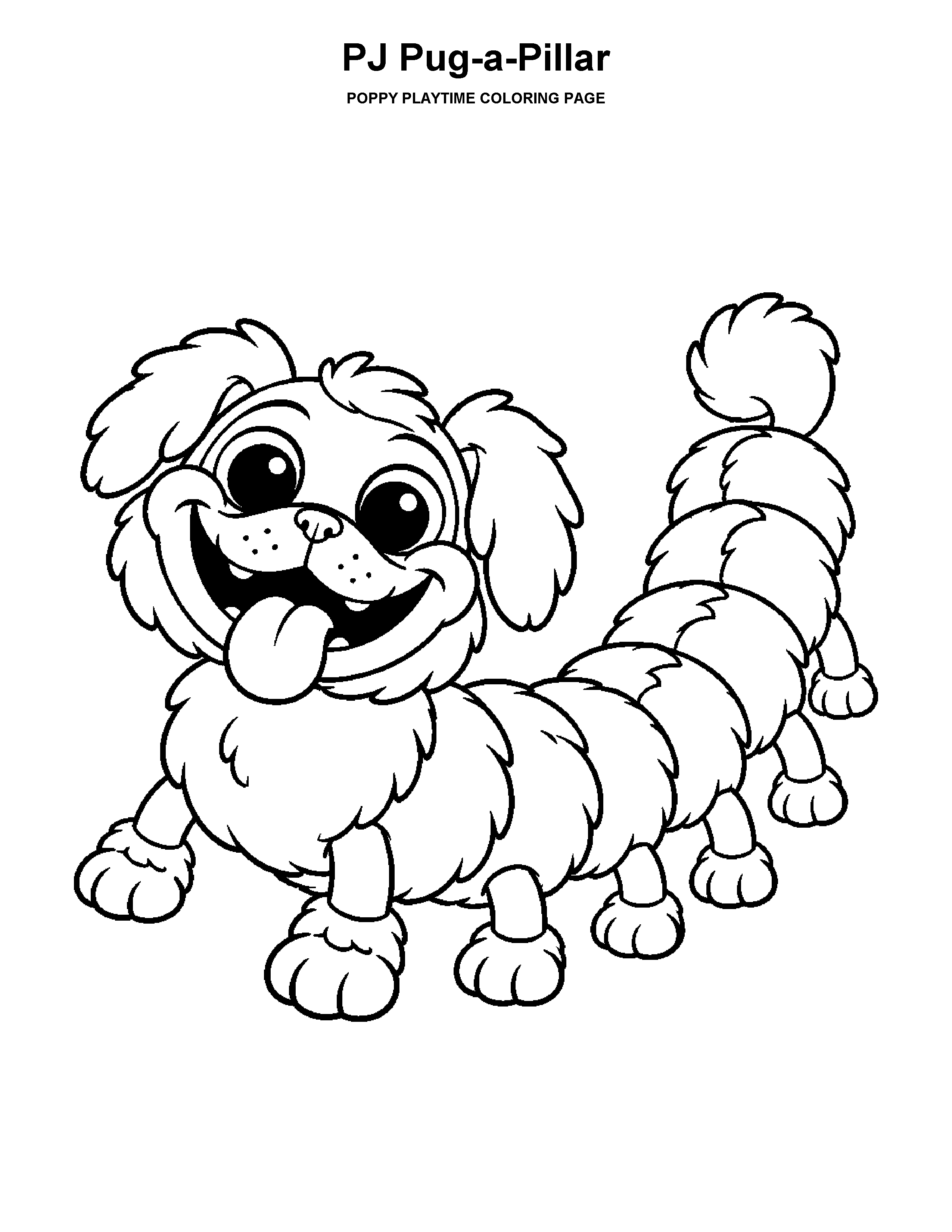 PJ Pug-a-Pillar coloring page: A long, friendly pup character curled into an easy-to-color pose.