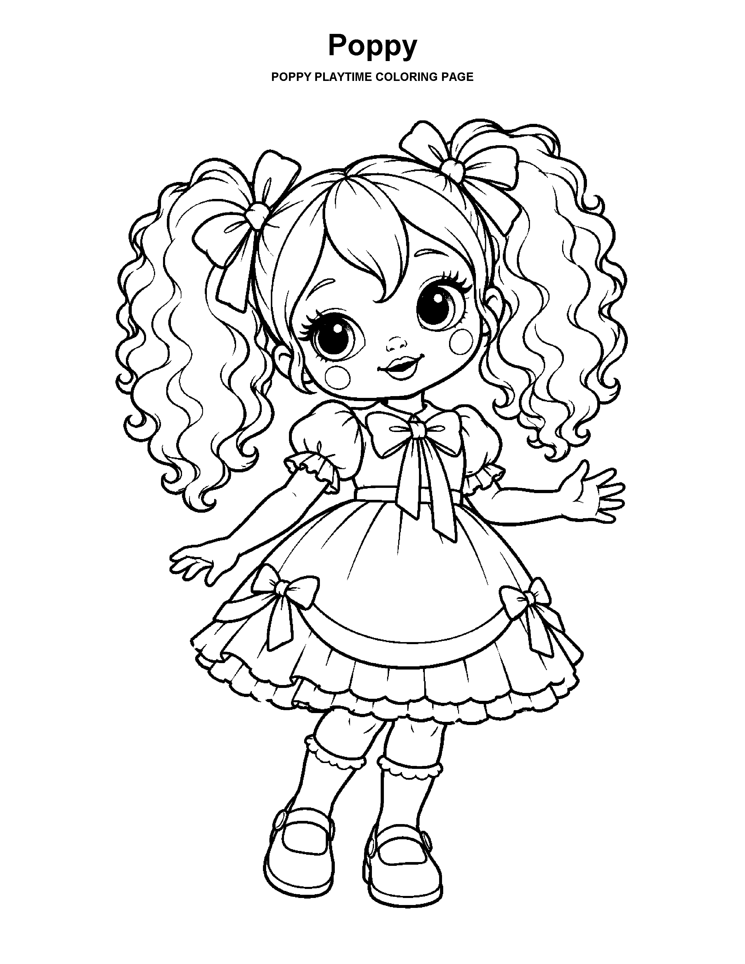 Poppy coloring page: A doll character in a simple dress with clear, roomy shapes.