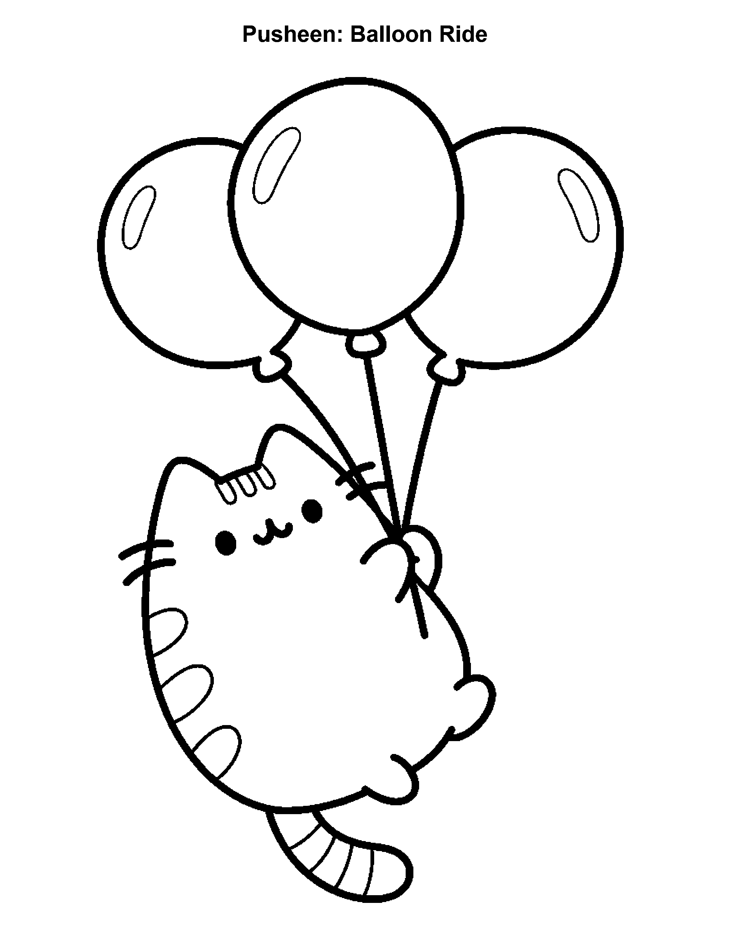 Pusheen Balloon Ride, black-and-white printable coloring page