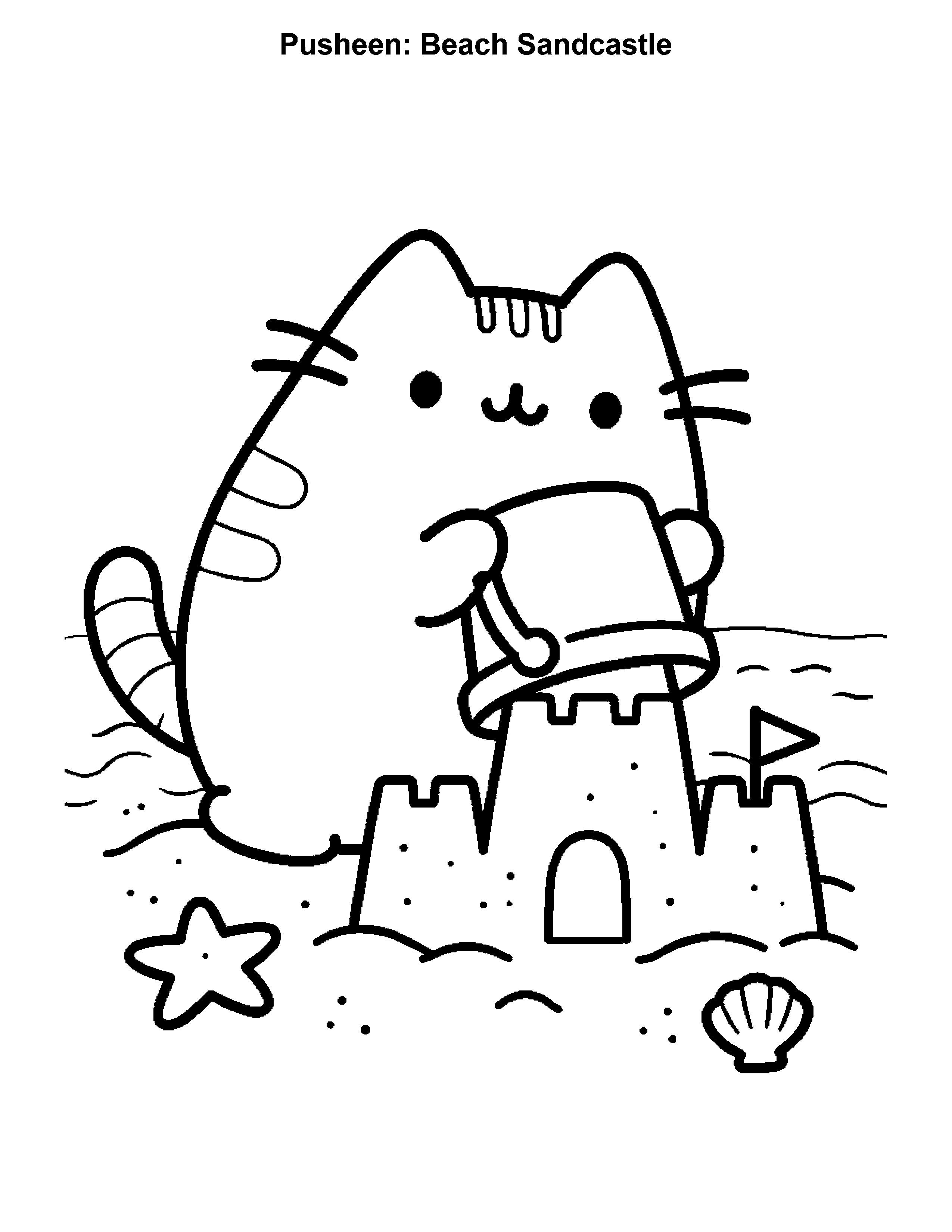 Pusheen Beach Sandcastle, black-and-white printable coloring page
