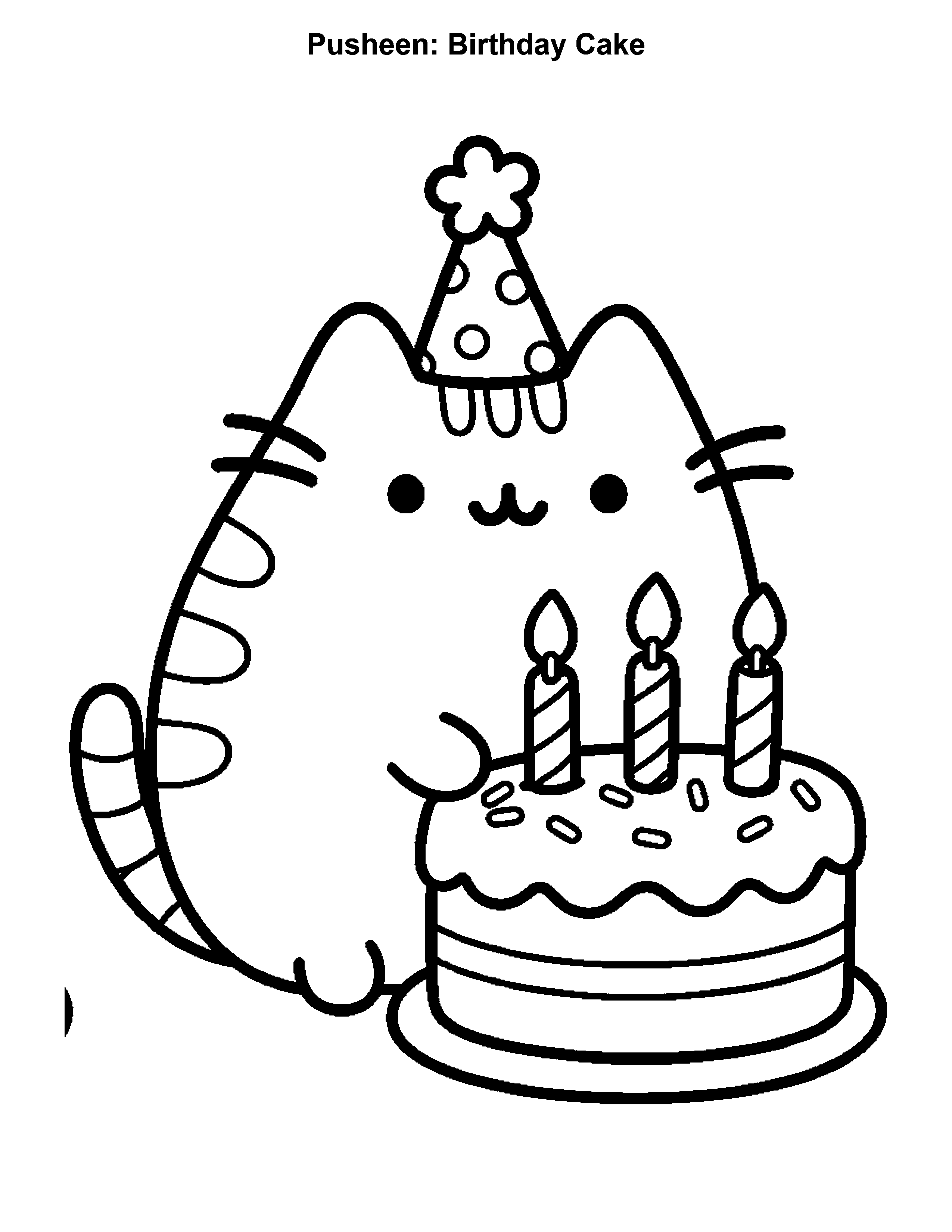 Pusheen Birthday Cake, black-and-white printable coloring page