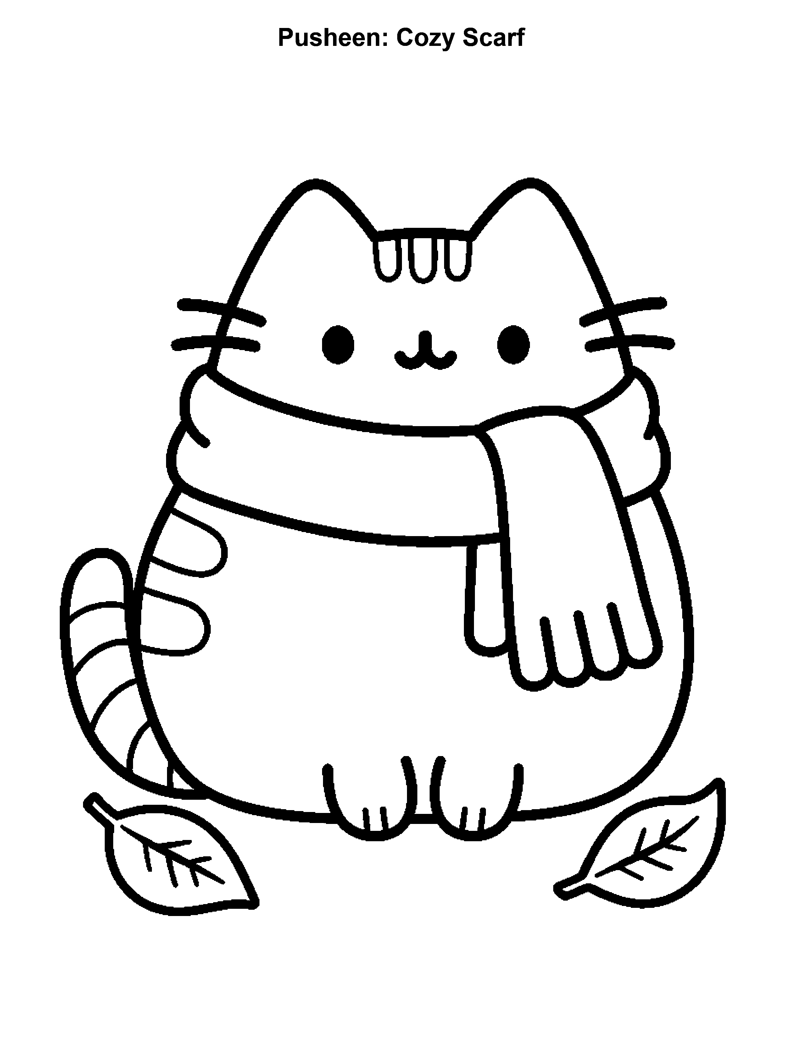 Pusheen Cozy Scarf, black-and-white printable coloring page
