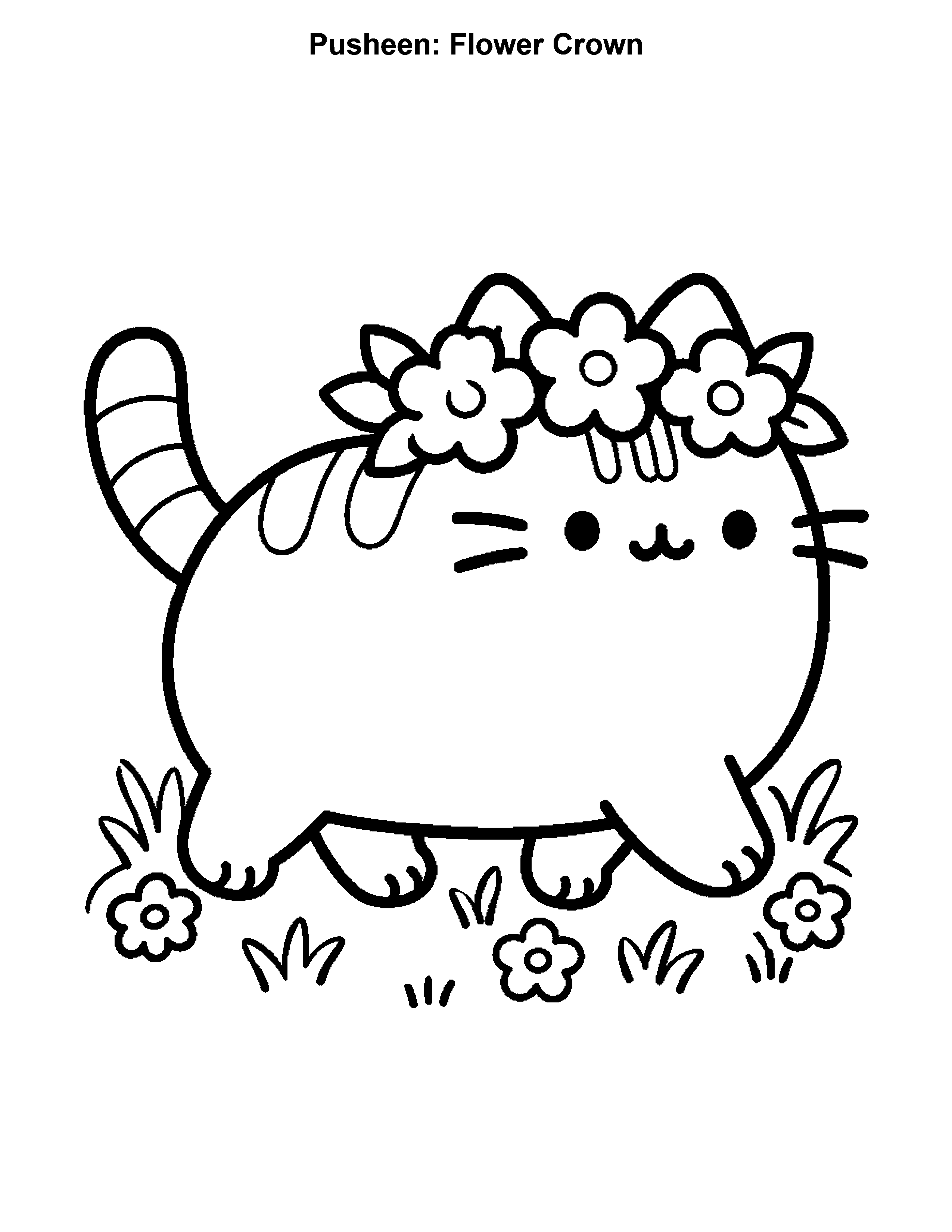 Pusheen Flower Crown, black-and-white printable coloring page