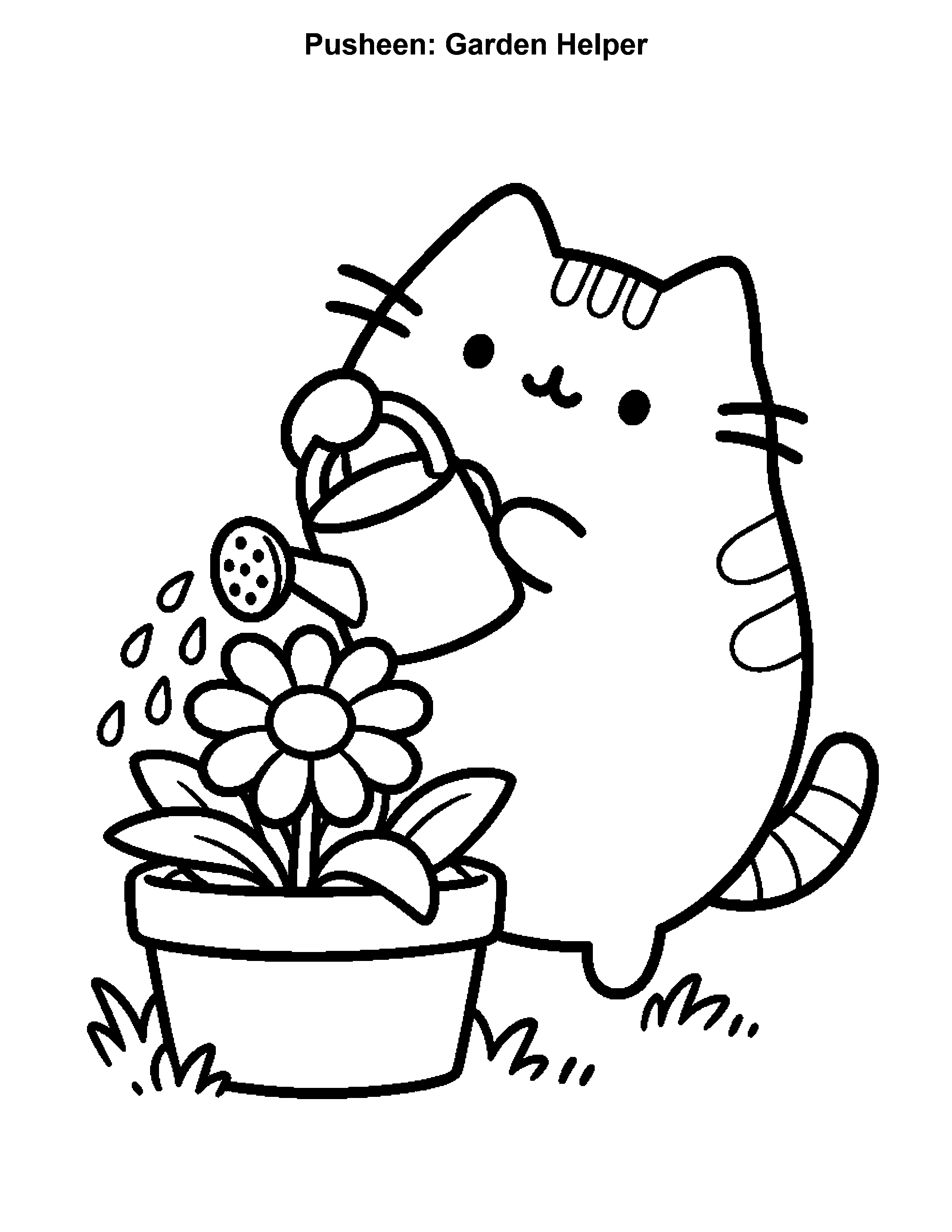 Pusheen Garden Helper, black-and-white printable coloring page