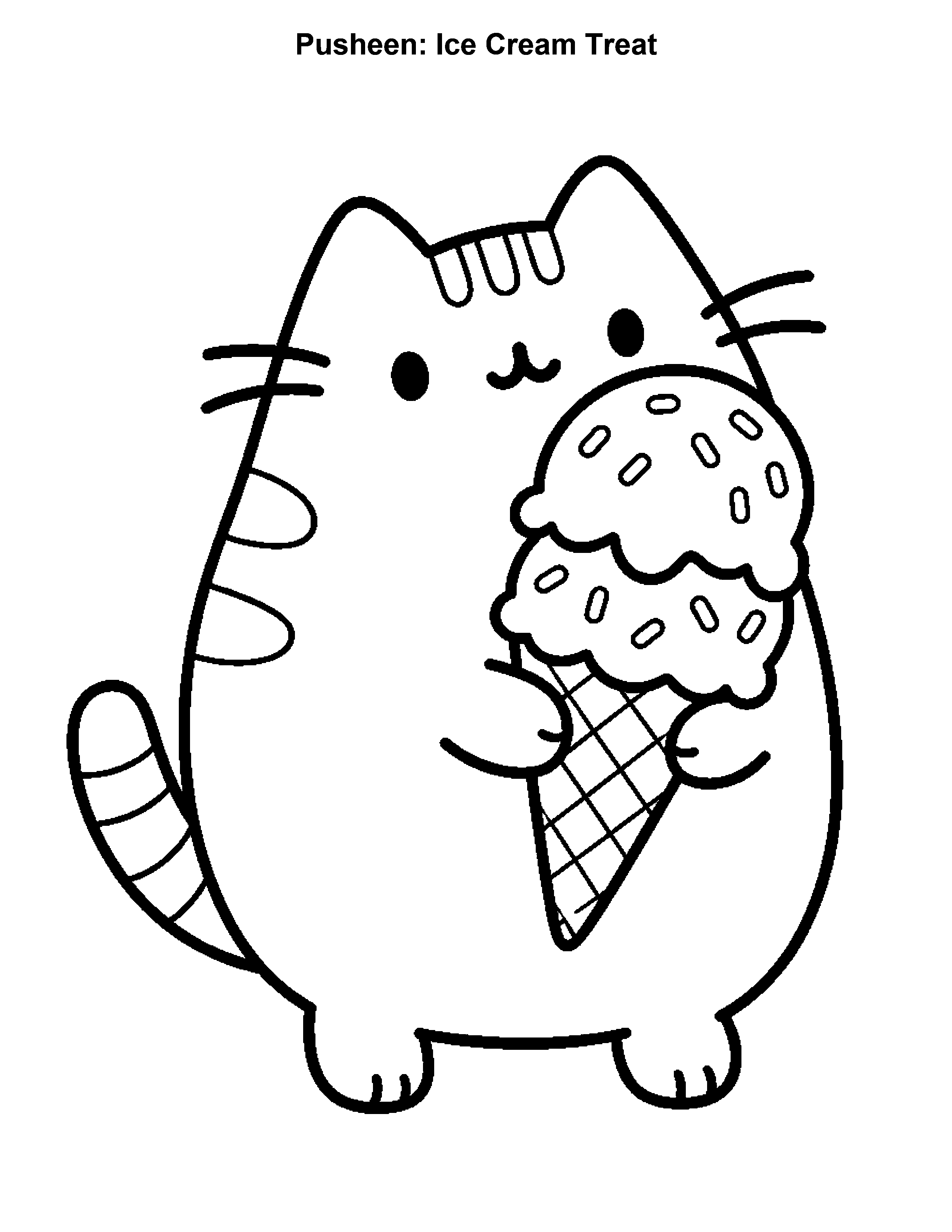 Pusheen Ice Cream Treat, black-and-white printable coloring page