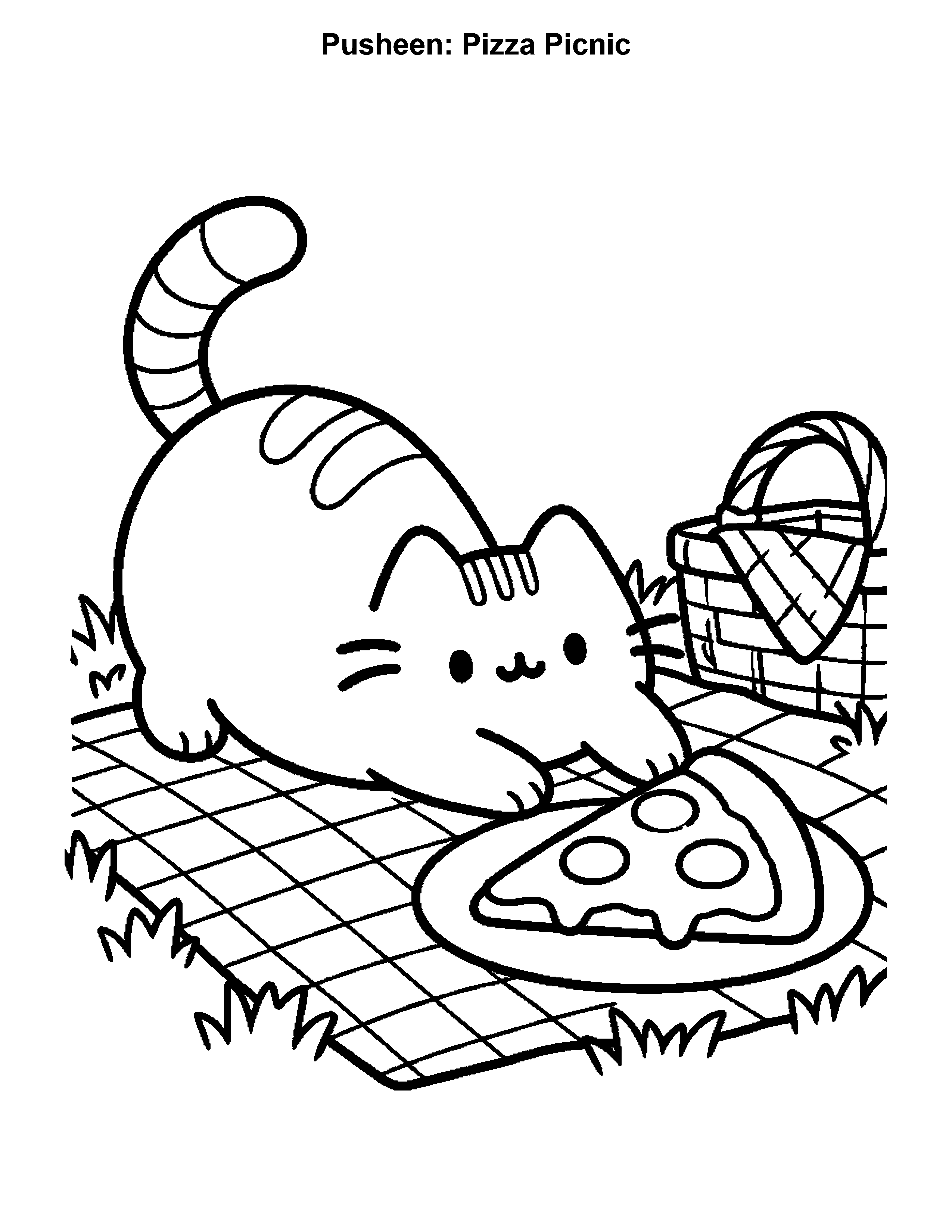 Pusheen Pizza Picnic, black-and-white printable coloring page