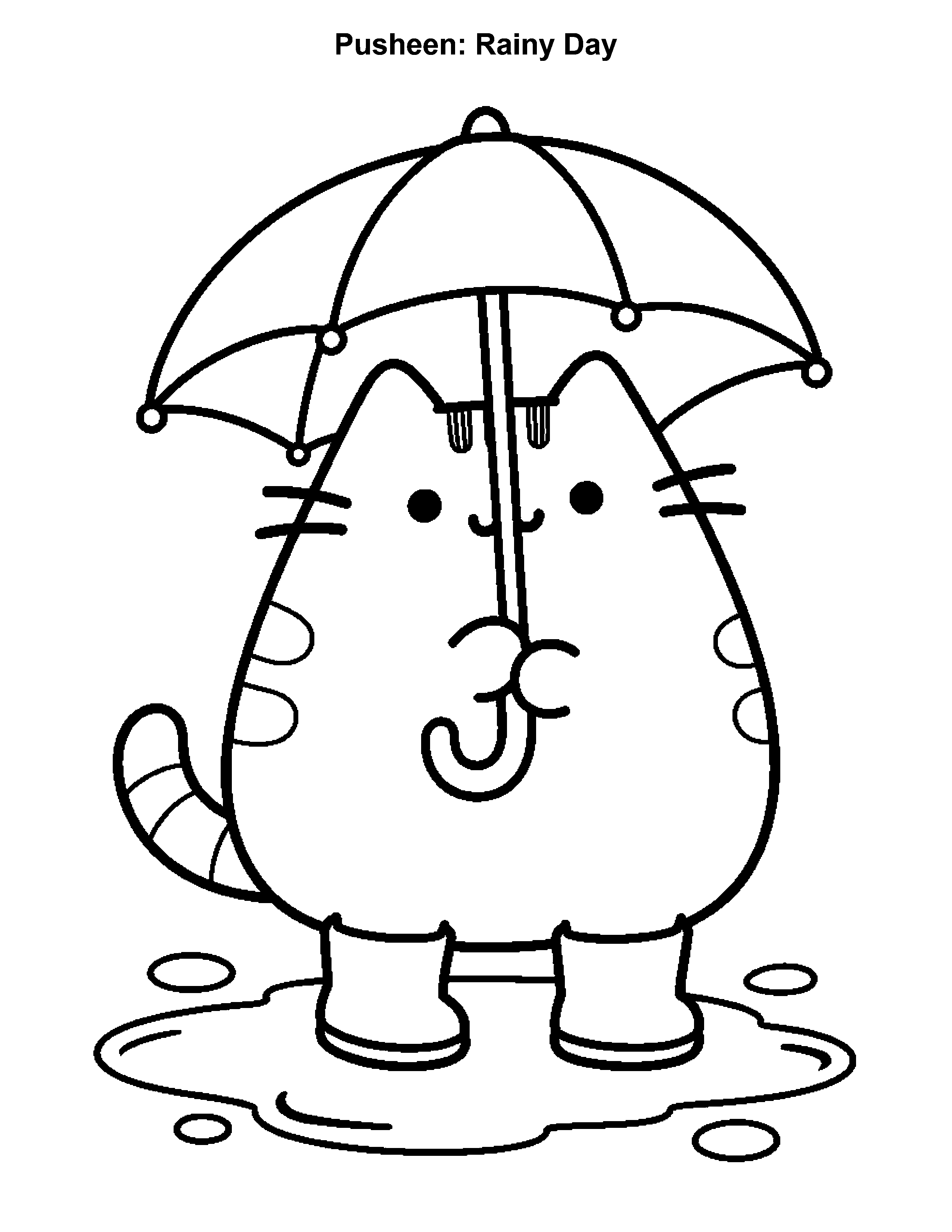 Pusheen Rainy Day, black-and-white printable coloring page