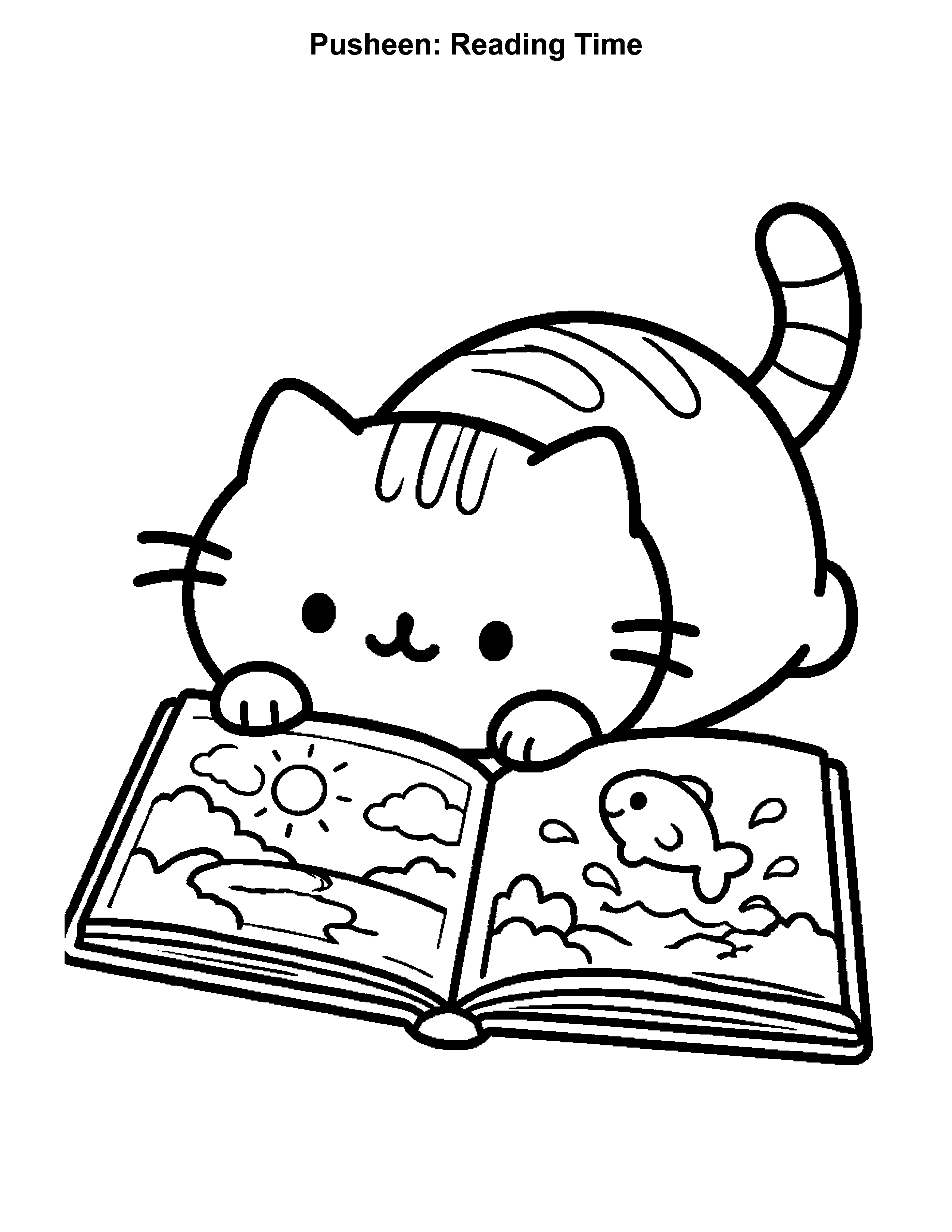 Pusheen Reading Time, black-and-white printable coloring page
