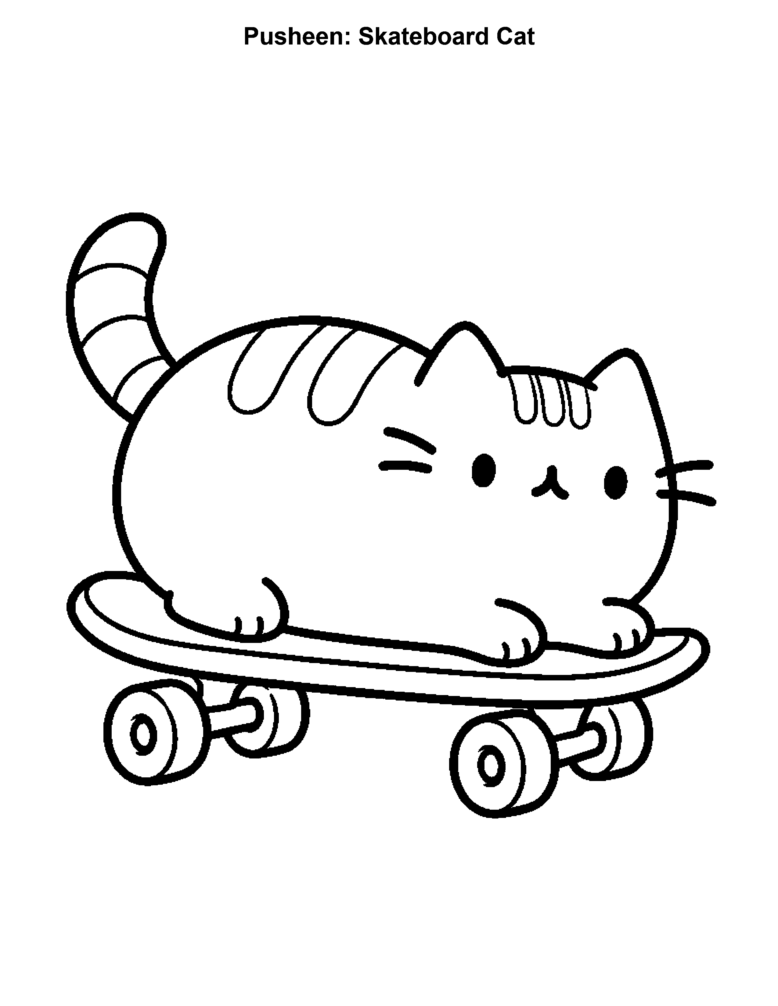 Pusheen Skateboard Cat, black-and-white printable coloring page