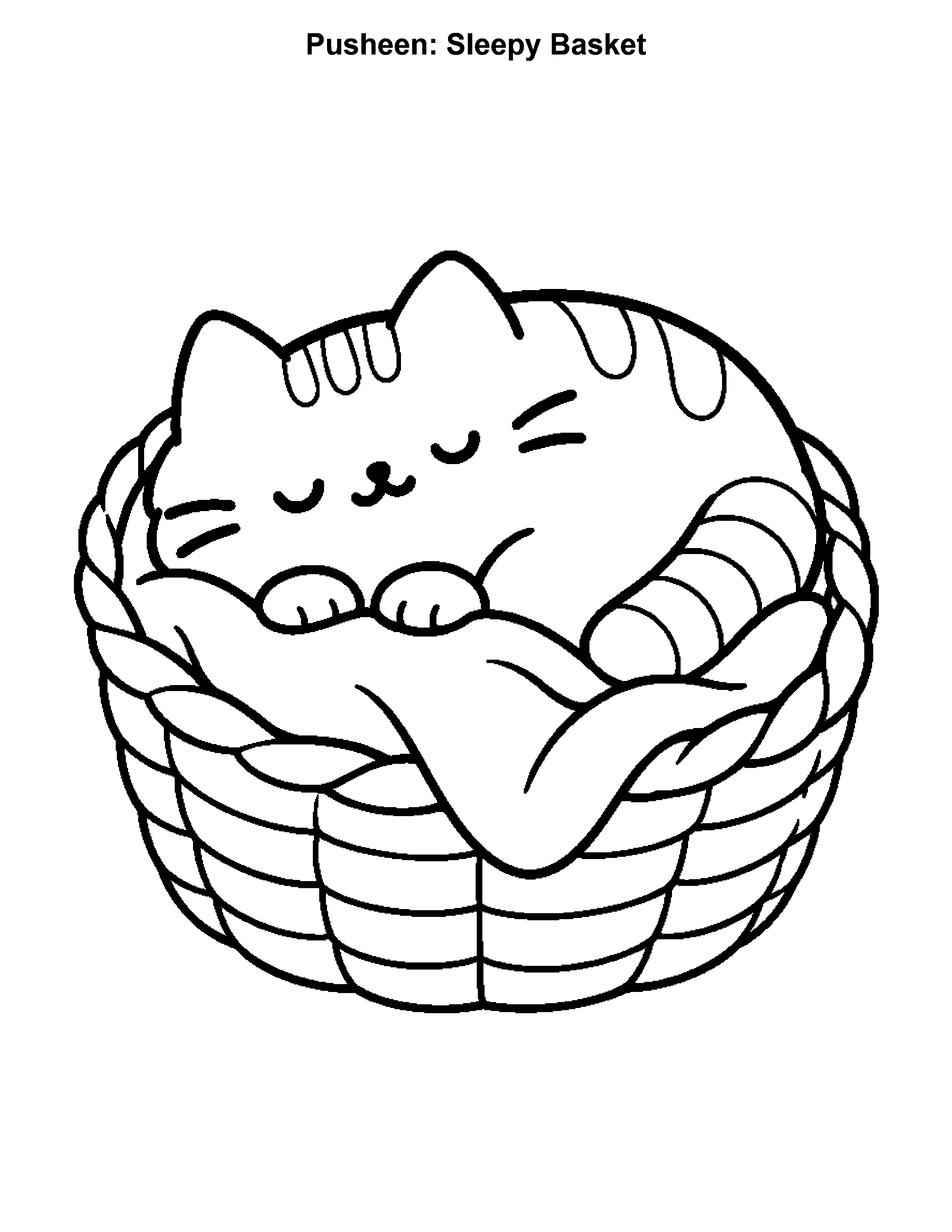Pusheen Sleepy Basket, black-and-white printable coloring page