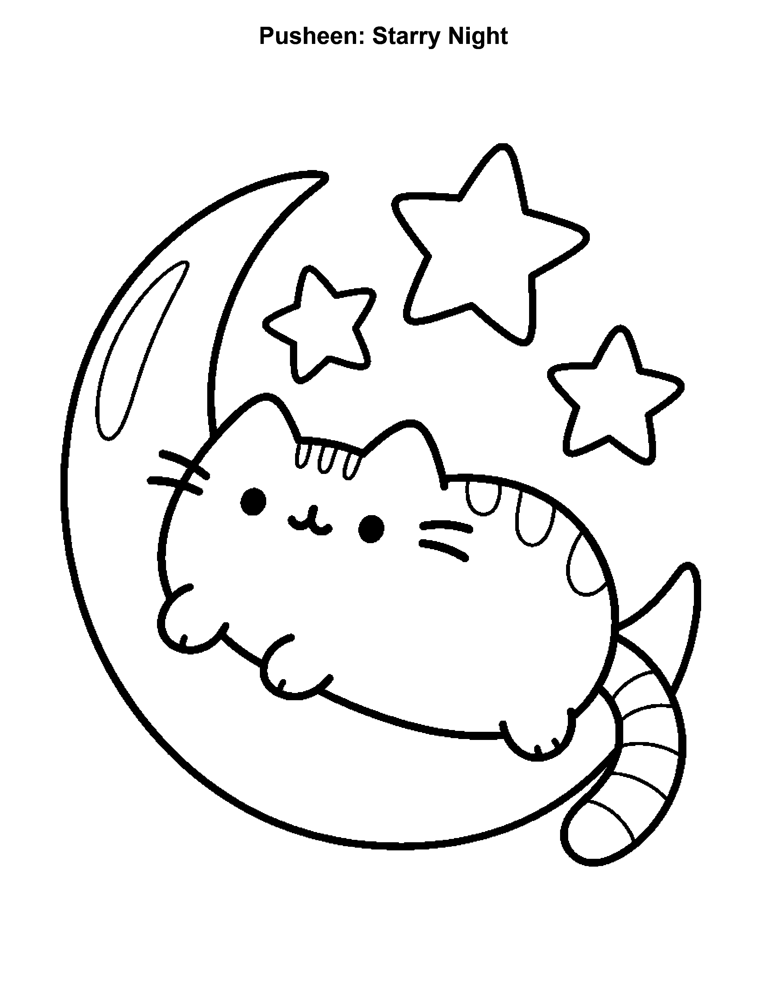 Pusheen Starry Night, black-and-white printable coloring page