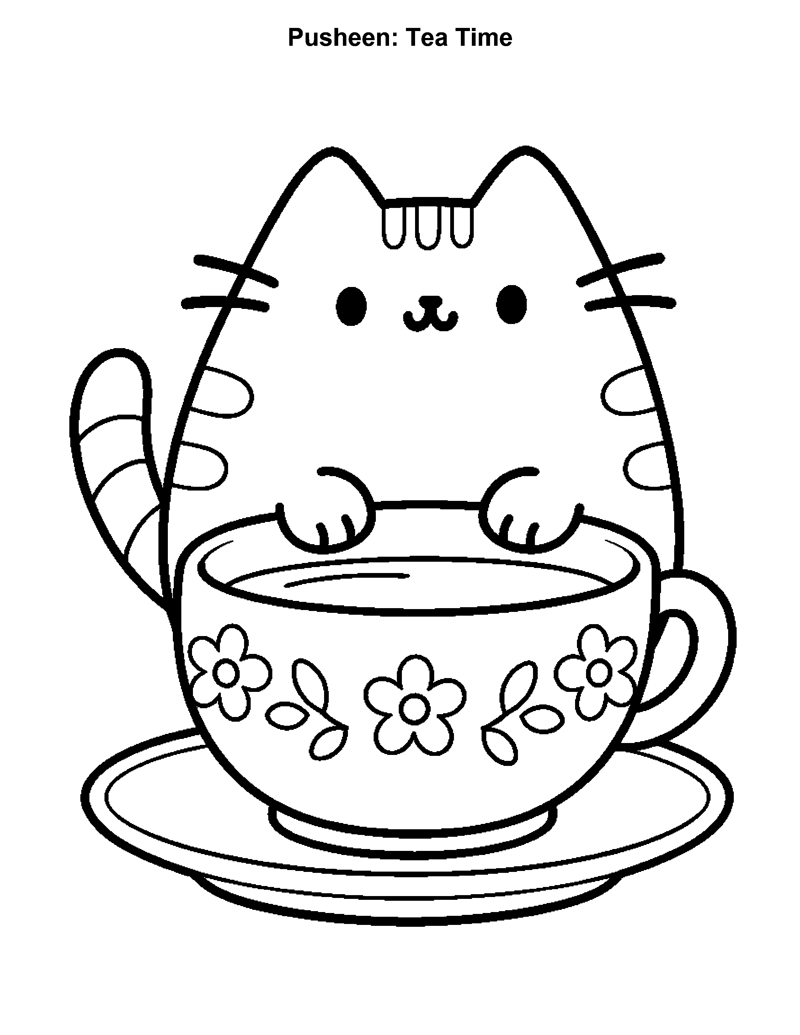 Pusheen Tea Time, black-and-white printable coloring page