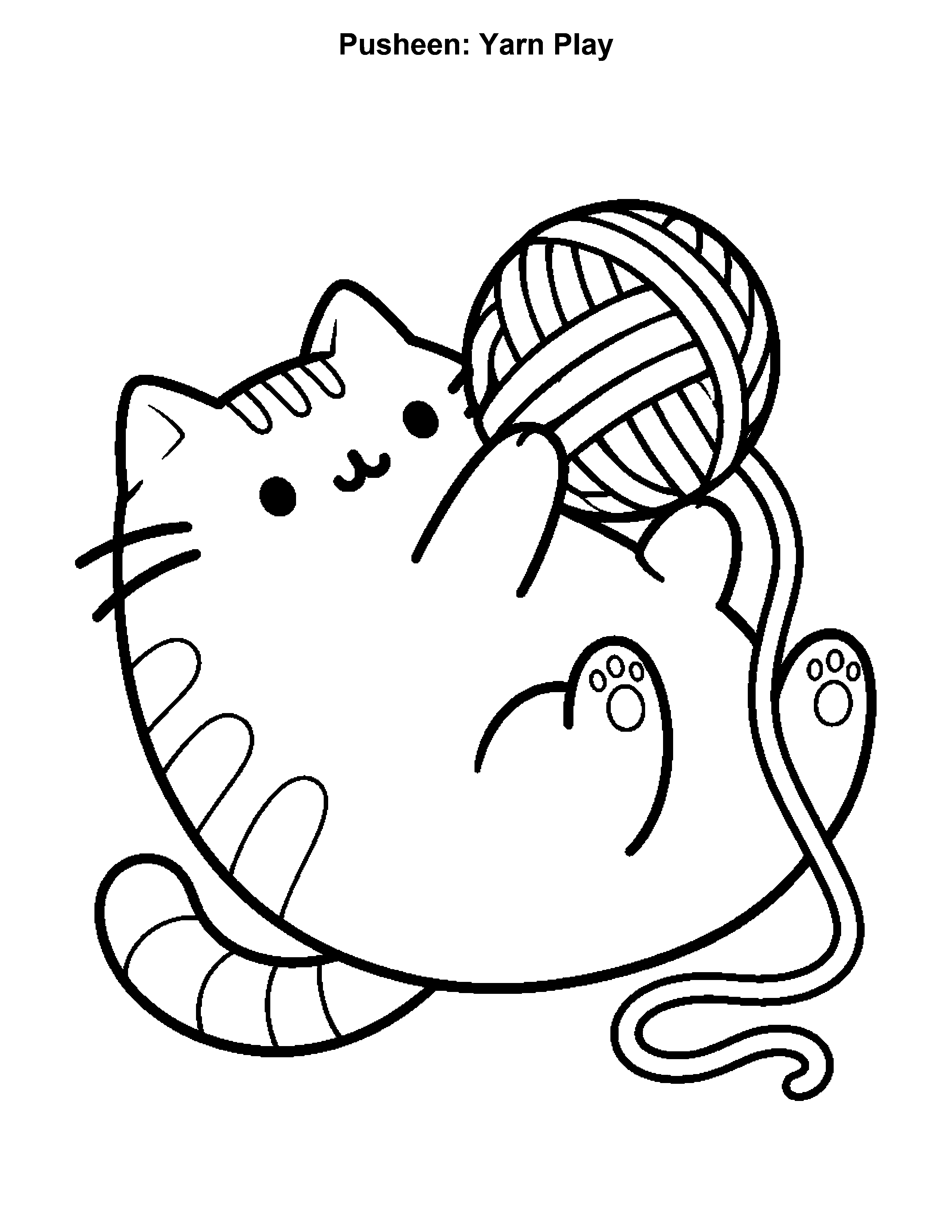 Pusheen Yarn Play, black-and-white printable coloring page