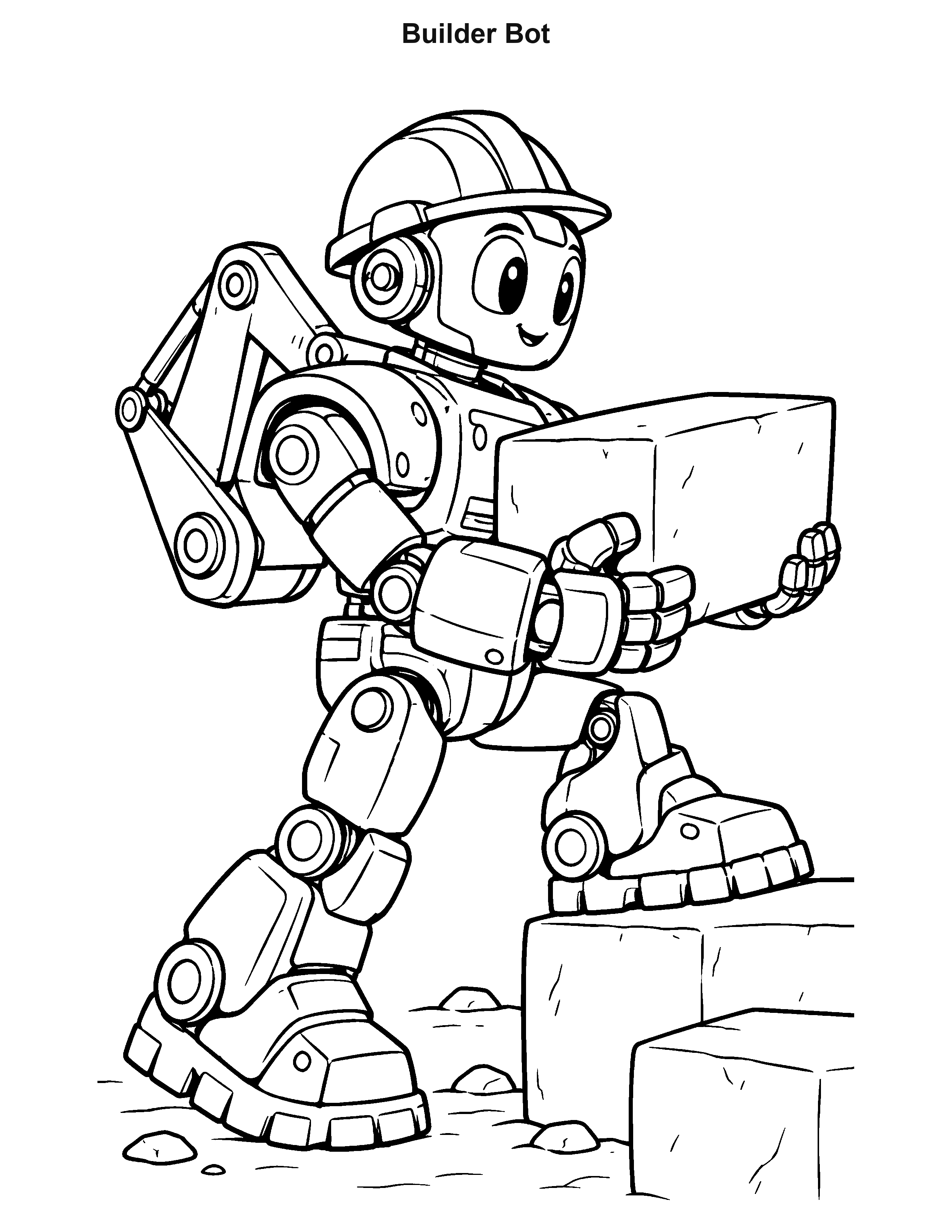 Builder Bot robot coloring page: A sturdy construction robot lifts a big block with its articulated arms.