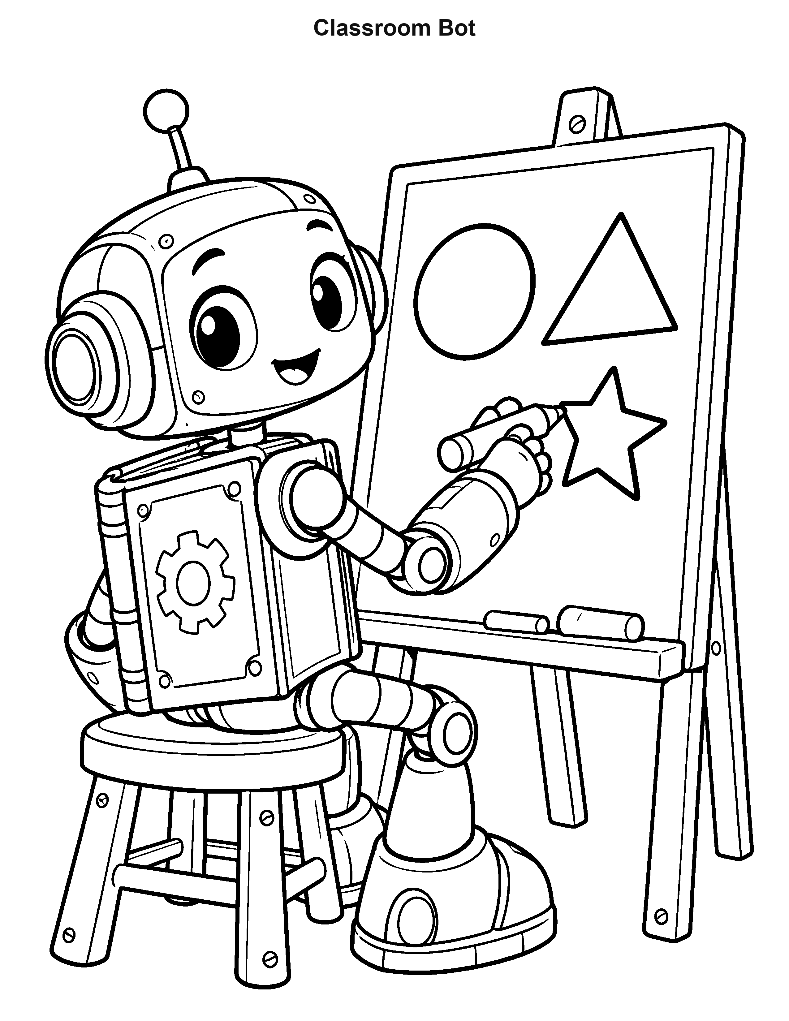 Classroom Bot robot coloring page: A seated classroom robot draws a star on an easel.