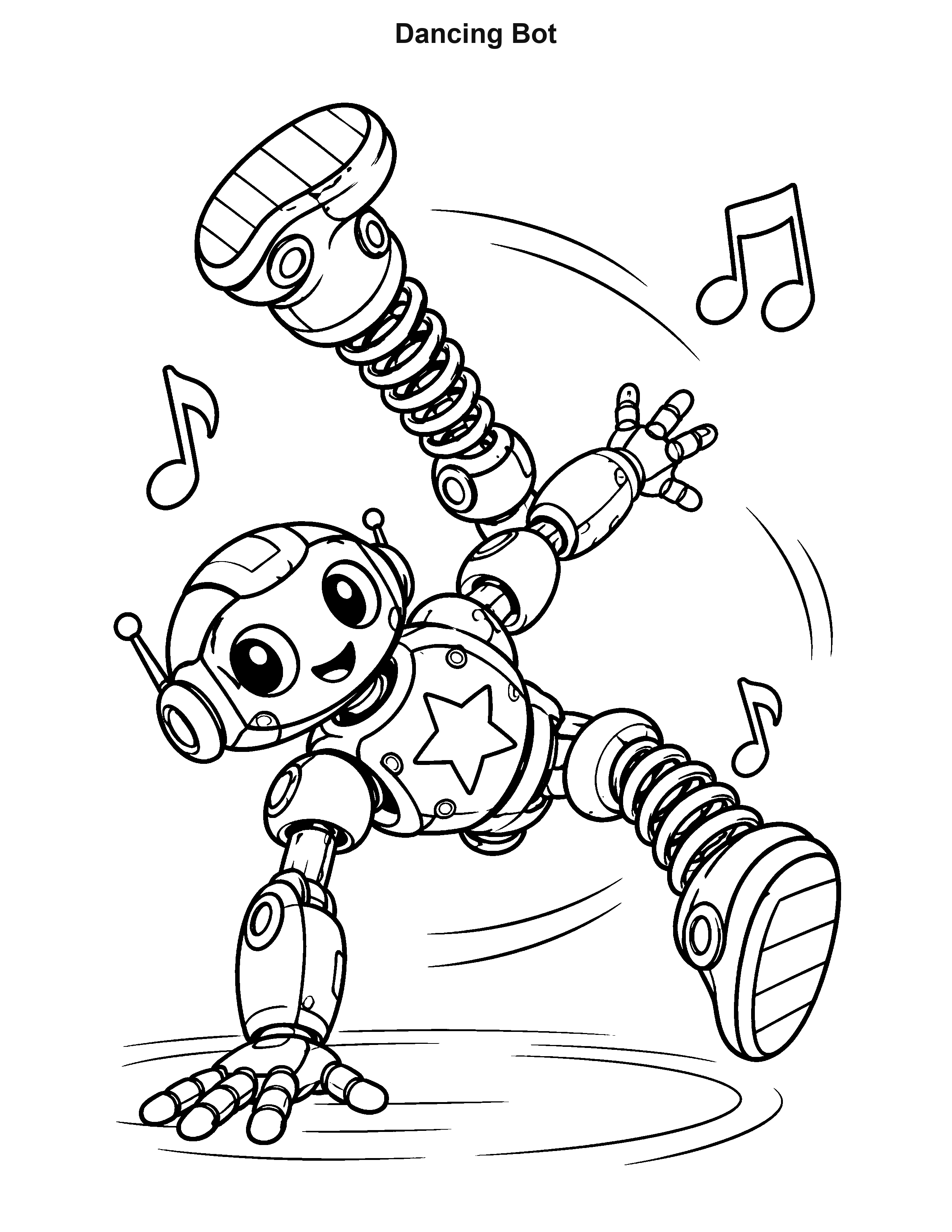 Dancing Bot robot coloring page: A spring-legged robot spins into a breakdance pose with music notes nearby.