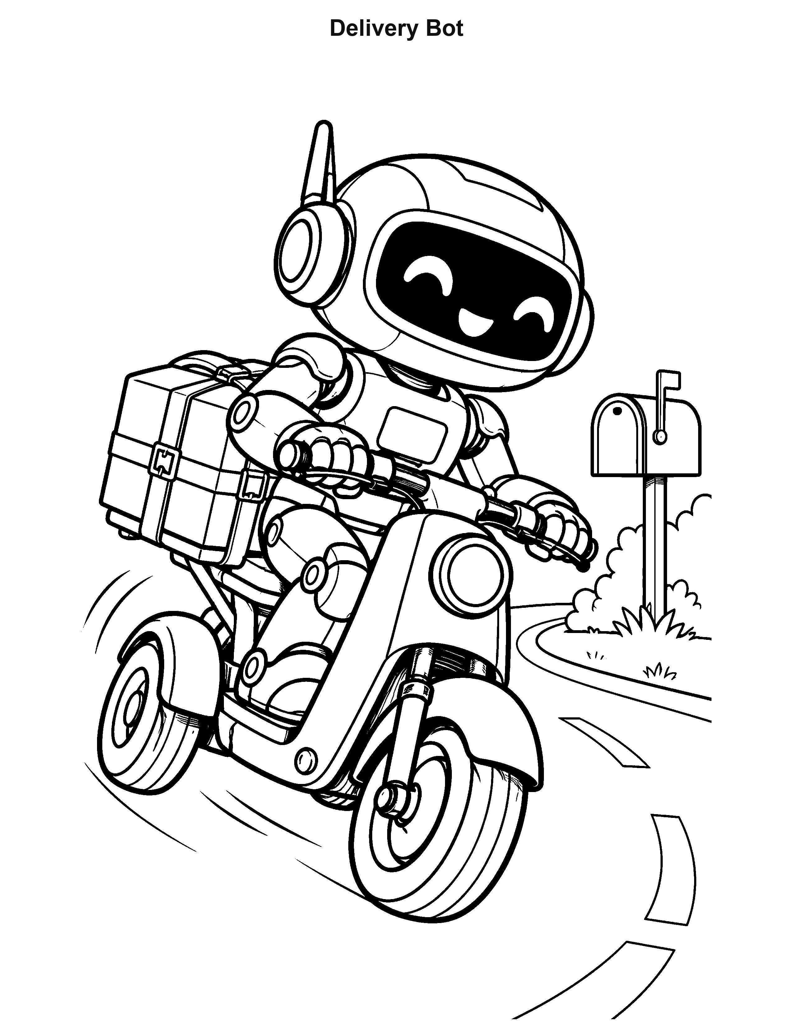 Delivery Bot robot coloring page: A compact delivery robot rides a scooter with a parcel strapped behind.