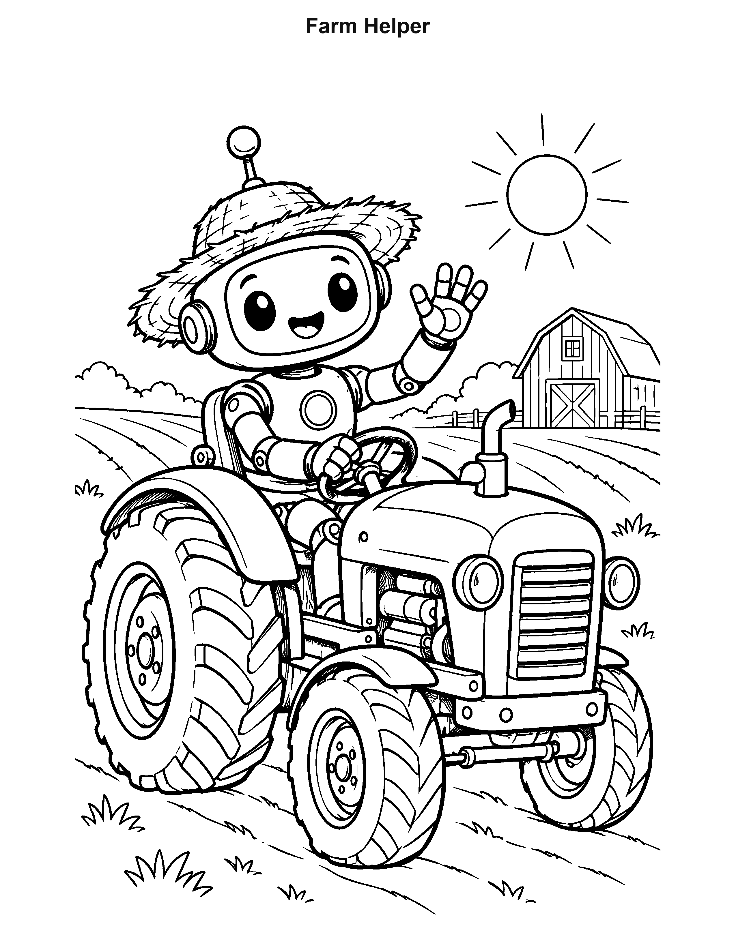 Farm Helper robot coloring page: A farm robot drives a small tractor past a barn.