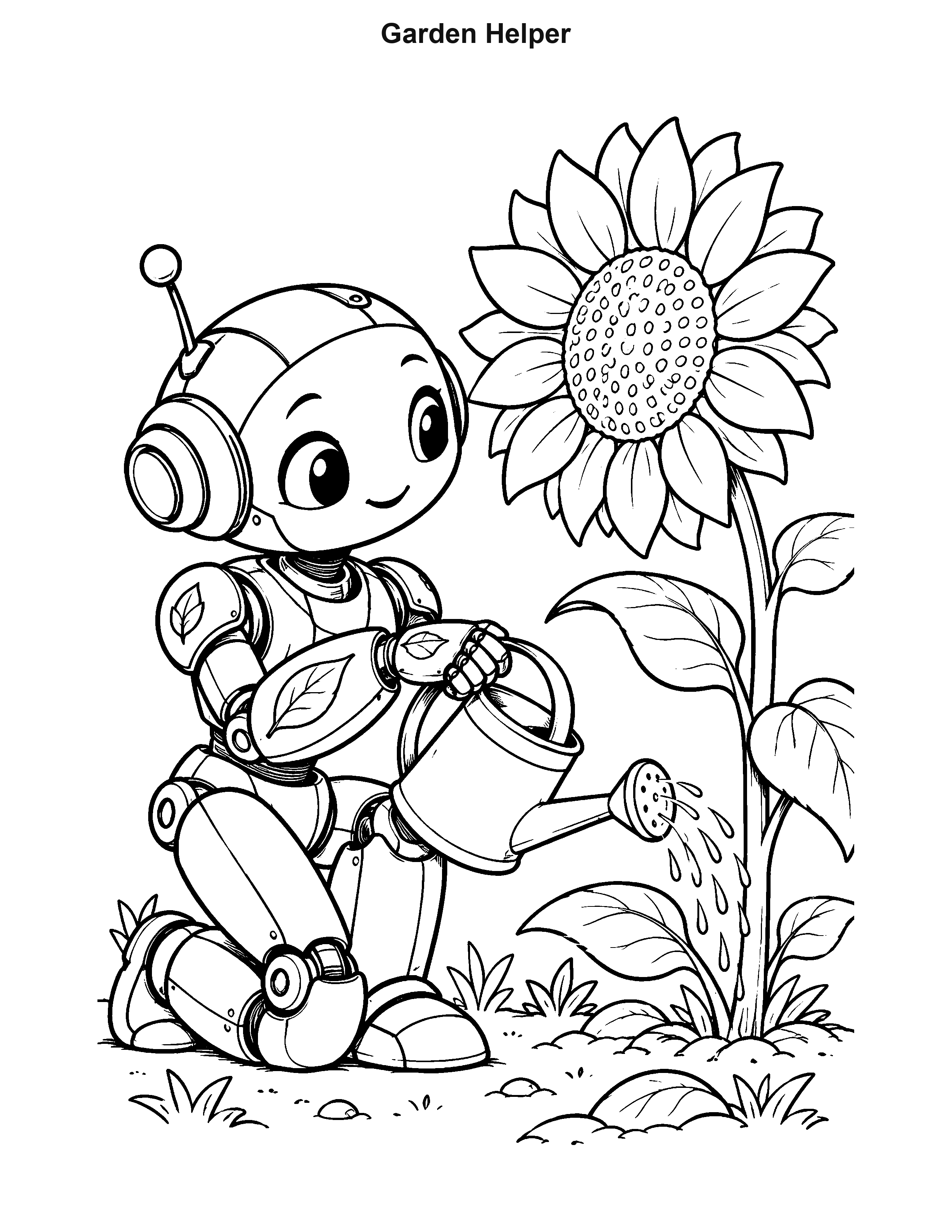 Garden Helper robot coloring page: A kneeling garden robot waters a tall sunflower among broad leaves.