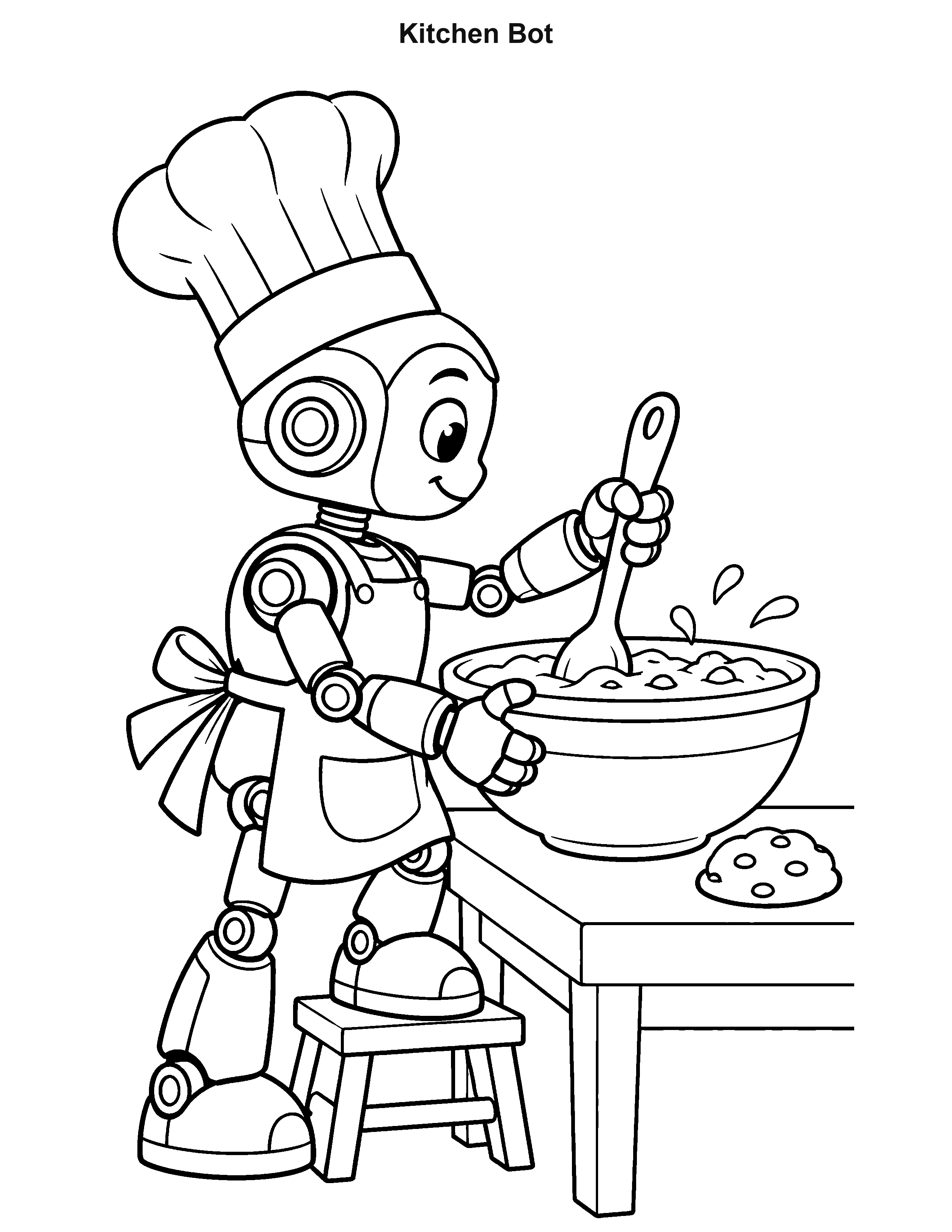 Kitchen Bot robot coloring page: A chef robot stirs a bowl at the counter, with a cookie waiting nearby.