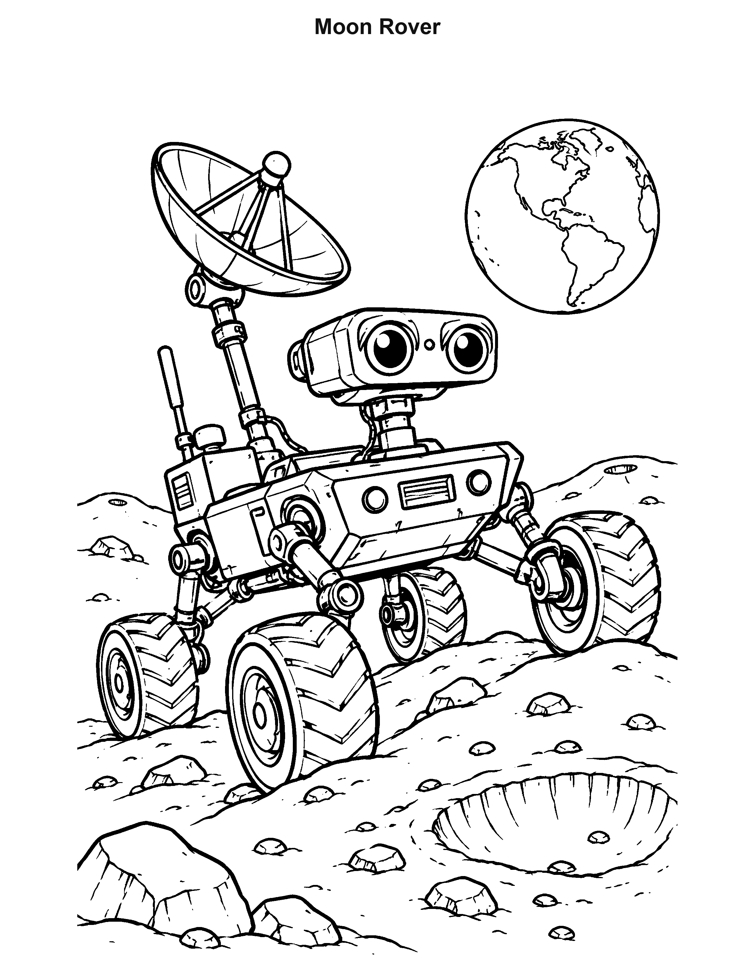 Moon Rover robot coloring page: A four-wheel rover crosses a lunar ridge beneath the Earth.