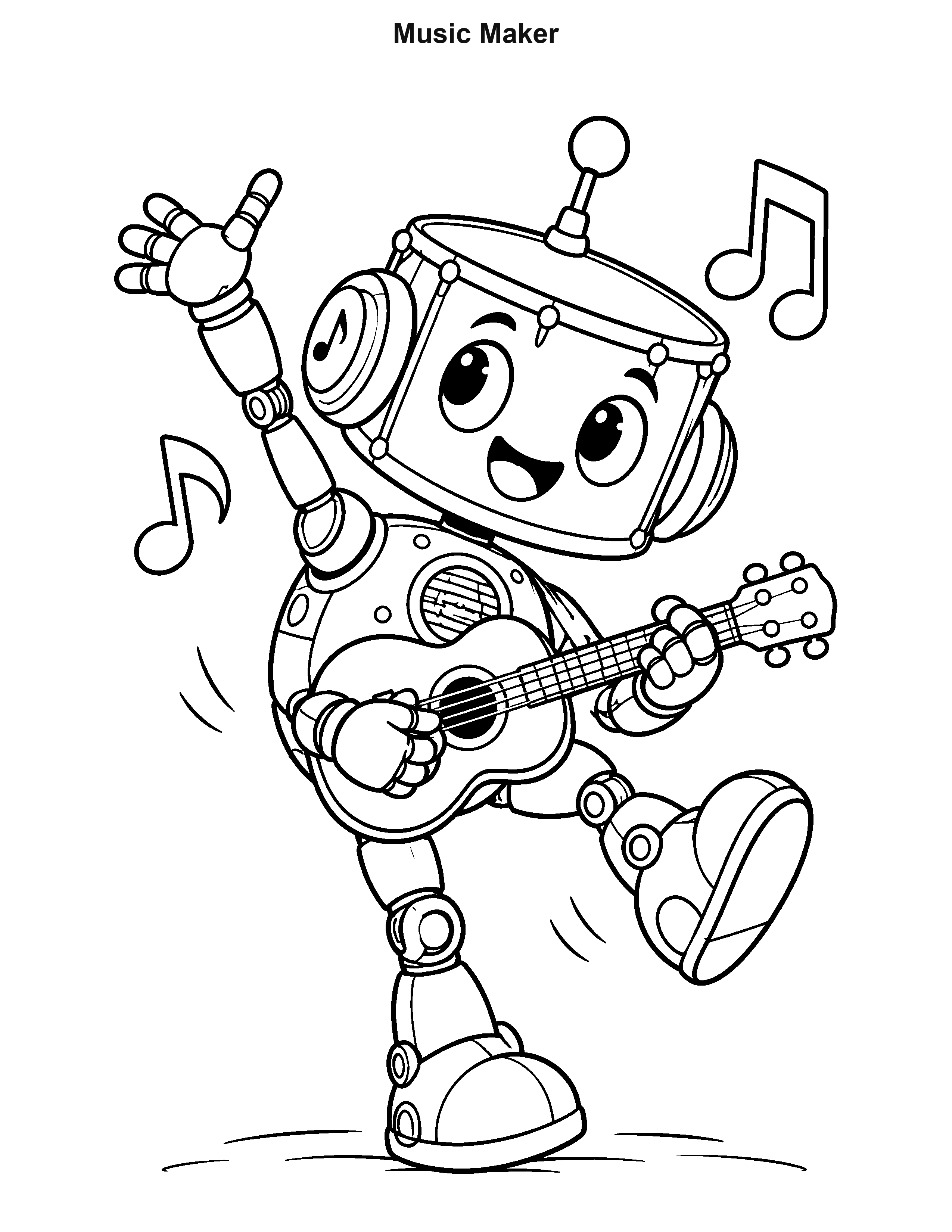 Music Maker robot coloring page: A headphone-wearing robot dances on one foot while strumming a little guitar.