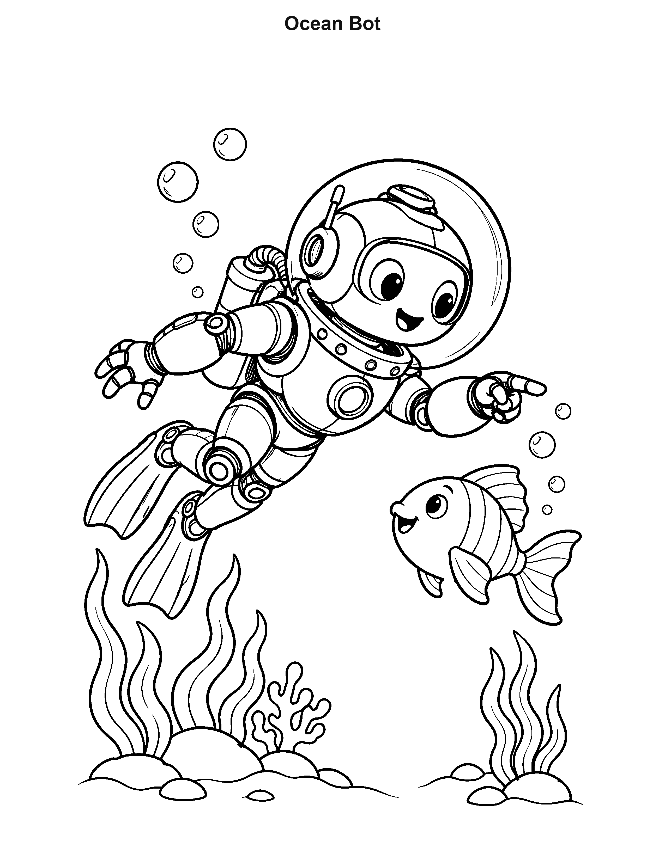 Ocean Bot robot coloring page: A bubble-helmet robot swims through the water beside a friendly fish.