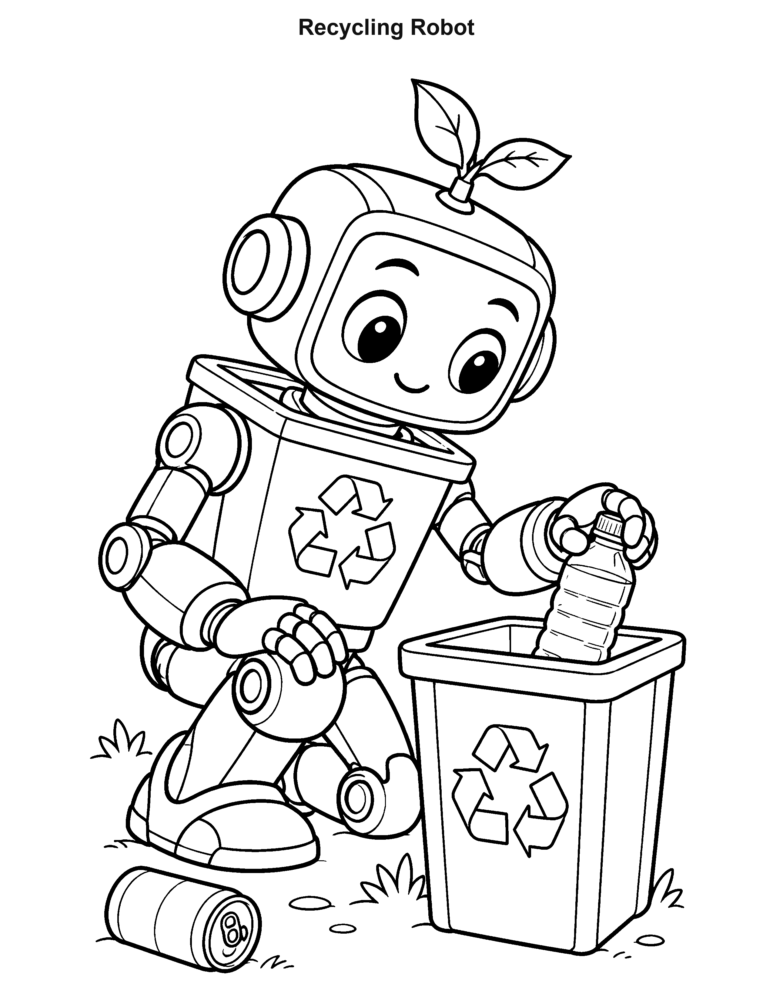 Recycling Robot robot coloring page: A crouching helper sorts a bottle into a recycling bin.
