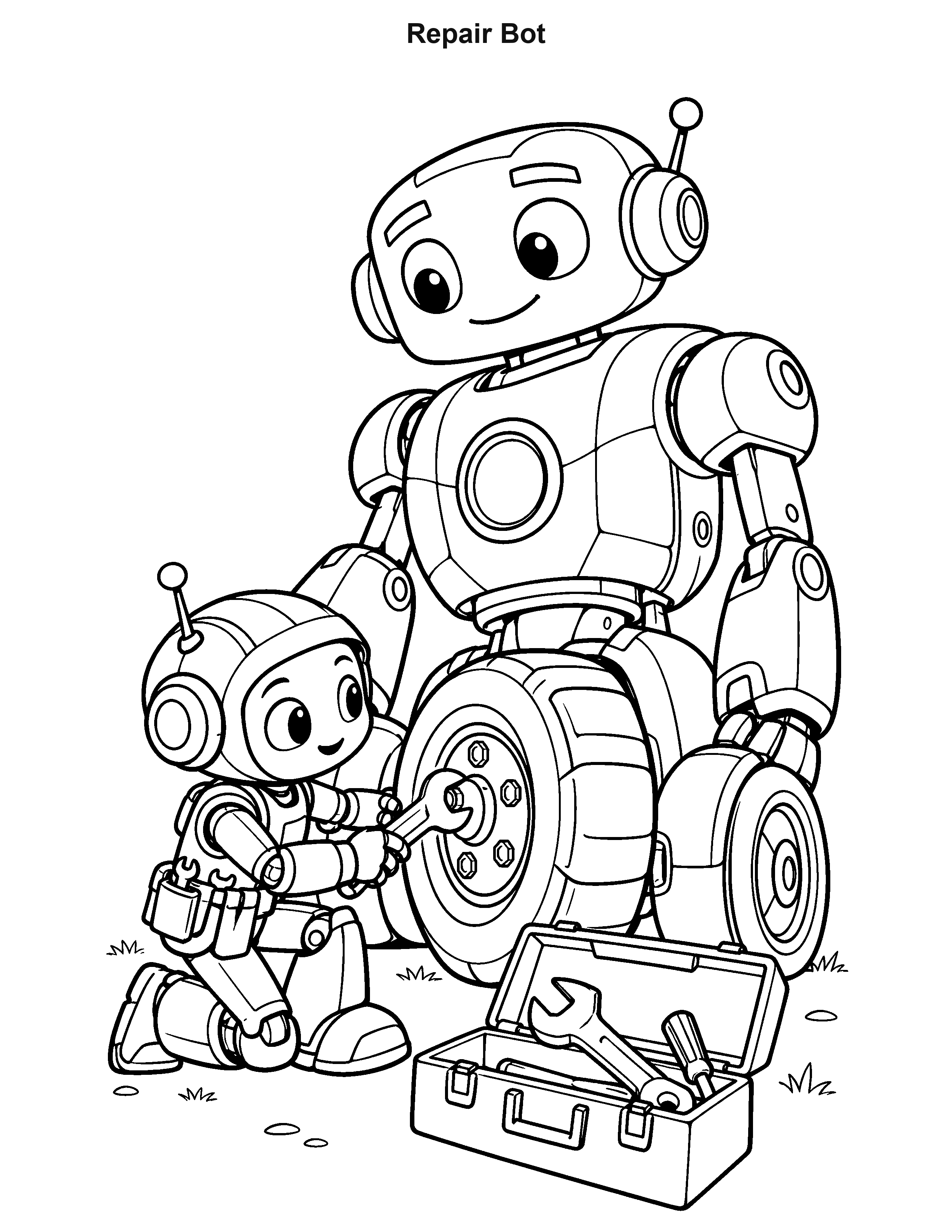 Repair Bot robot coloring page: A kneeling mechanic robot fixes a wheel beside an open toolbox.