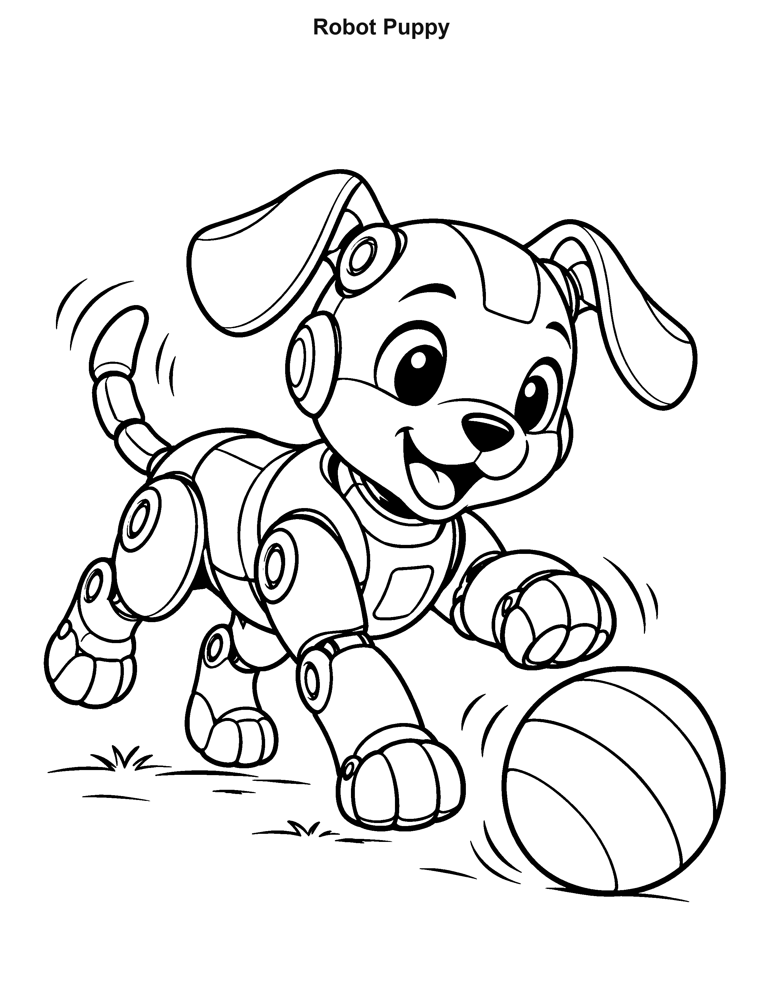 Robot Puppy robot coloring page: A floppy-eared robot puppy bounds toward a large ball with one paw lifted.