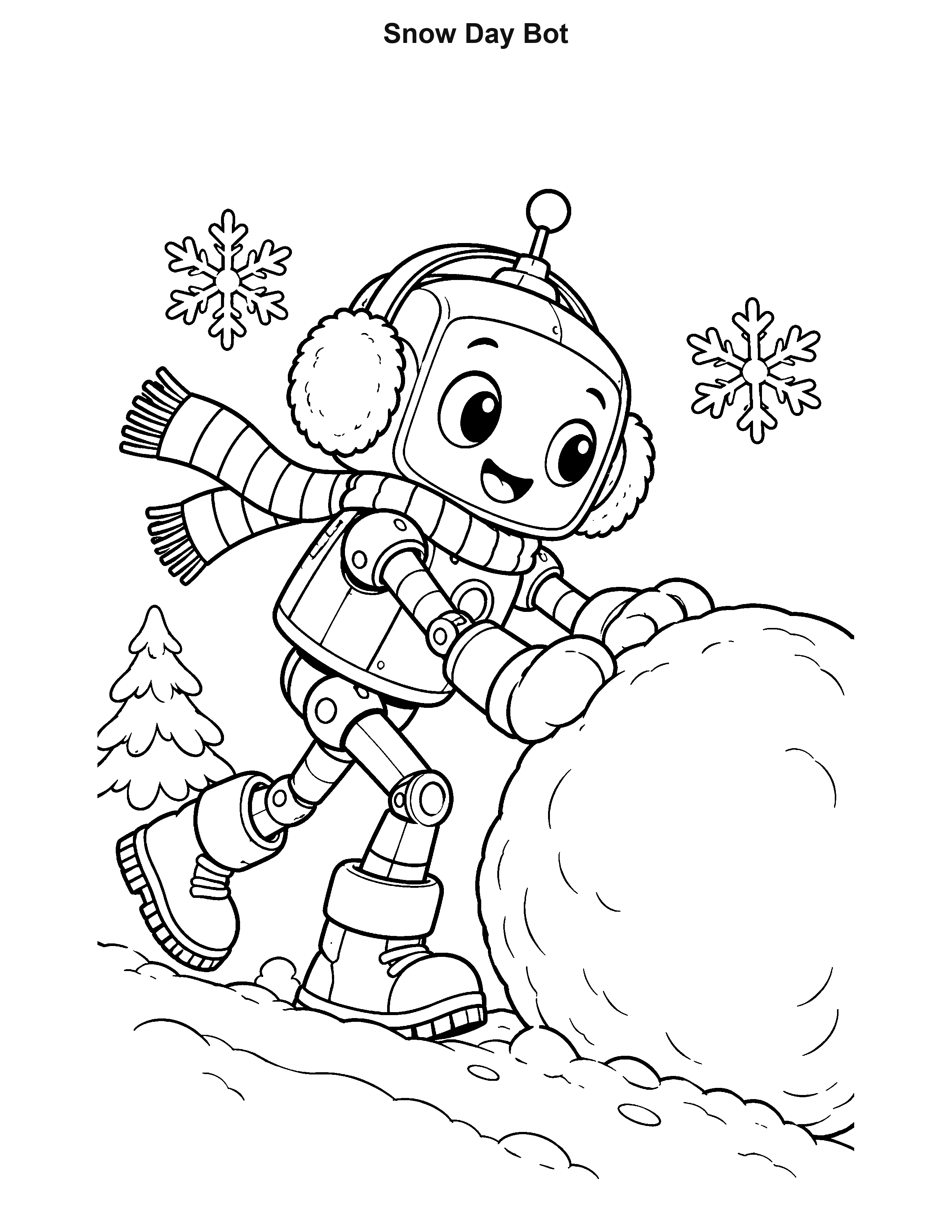 Snow Day Bot robot coloring page: A scarf-wearing robot leans forward to push a large snowball uphill.