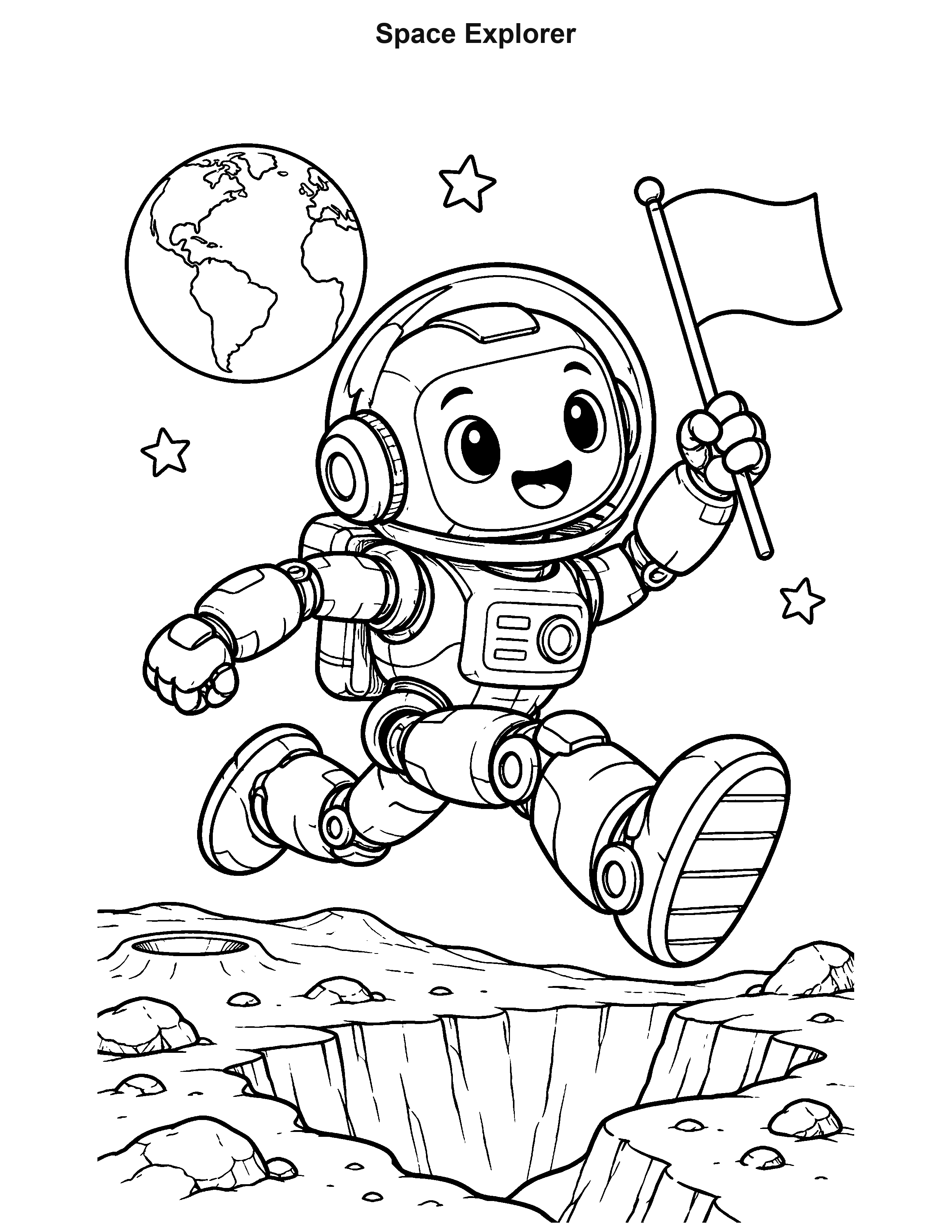 Space Explorer robot coloring page: An astronaut robot leaps across a moon crater while holding a small flag.