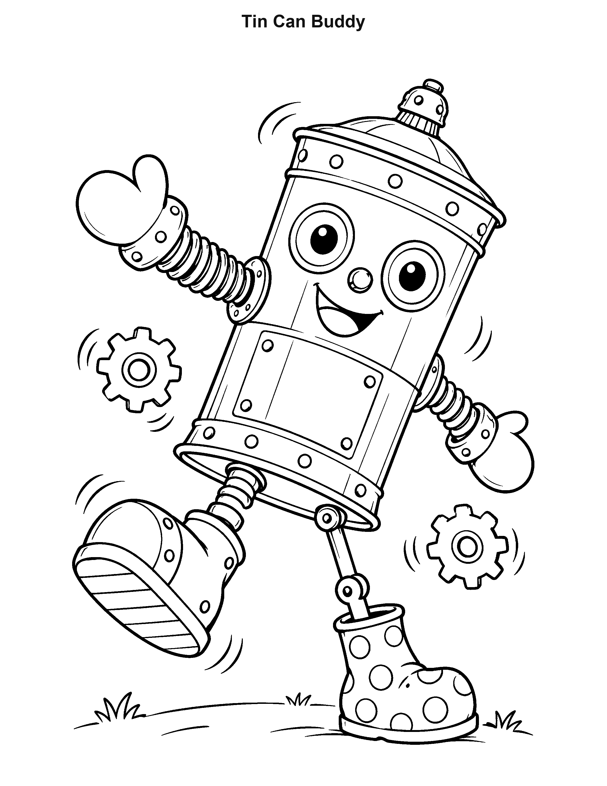 Tin Can Buddy robot coloring page: A spring-jointed can robot tumbles joyfully as a few gears bounce nearby.