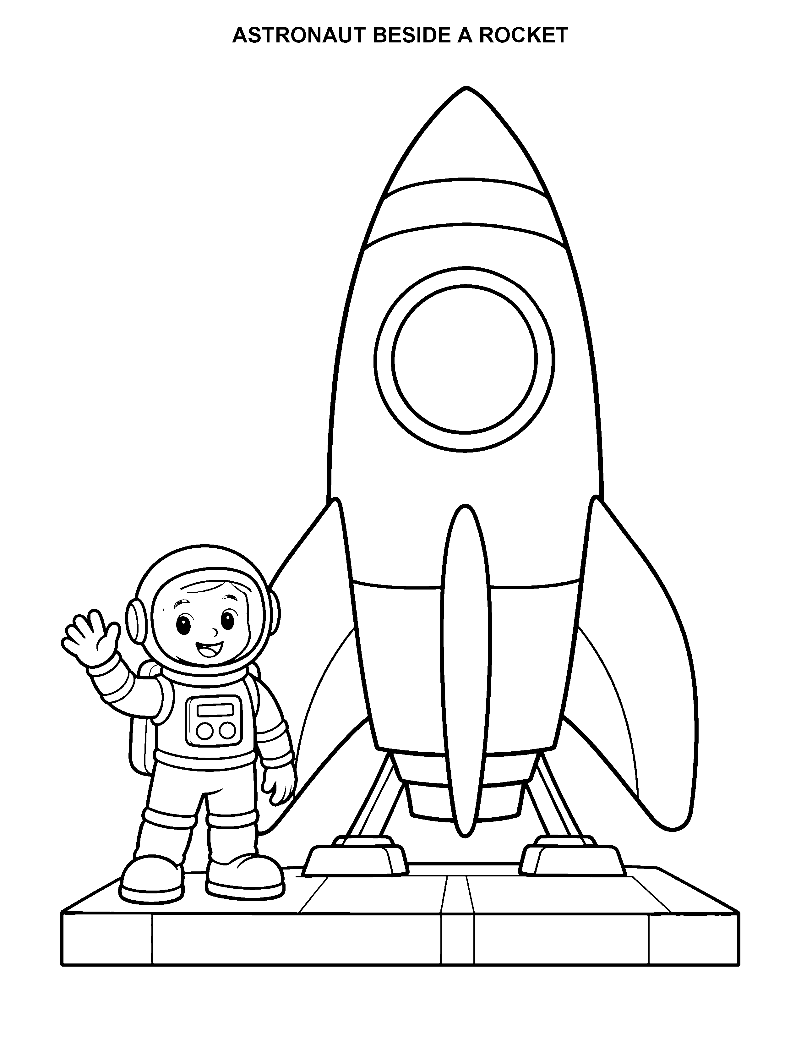 Astronaut Beside a Rocket black-and-white printable coloring page